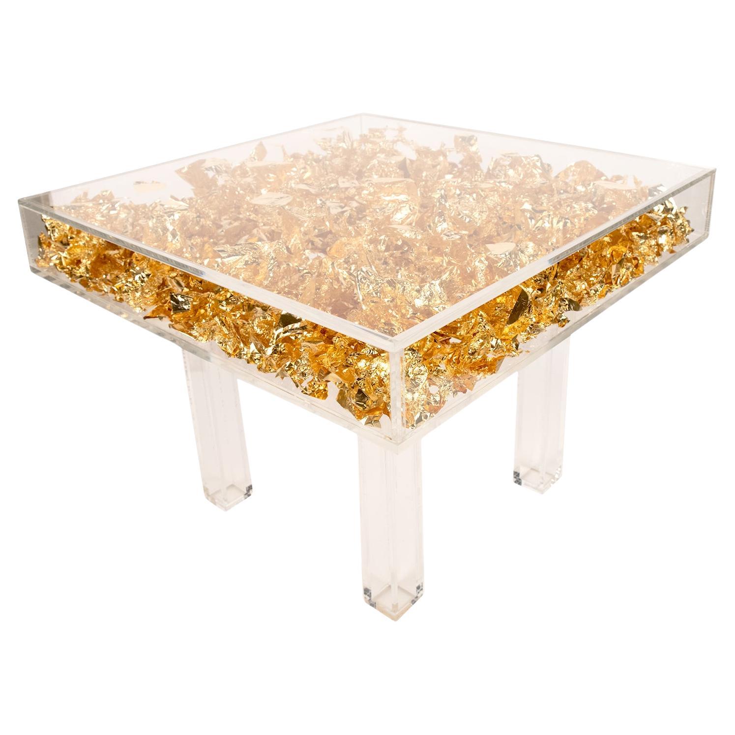 Custom Made Acrylic And Gold Leaf Coffee or Side Table For Sale