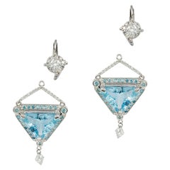 Custom Made Adjustable Diamond & Aquamarine 18k Earrings with Diamonds