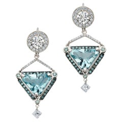 Custom Made Adjustable Diamond & Aquamarine 18k Earrings with Diamonds