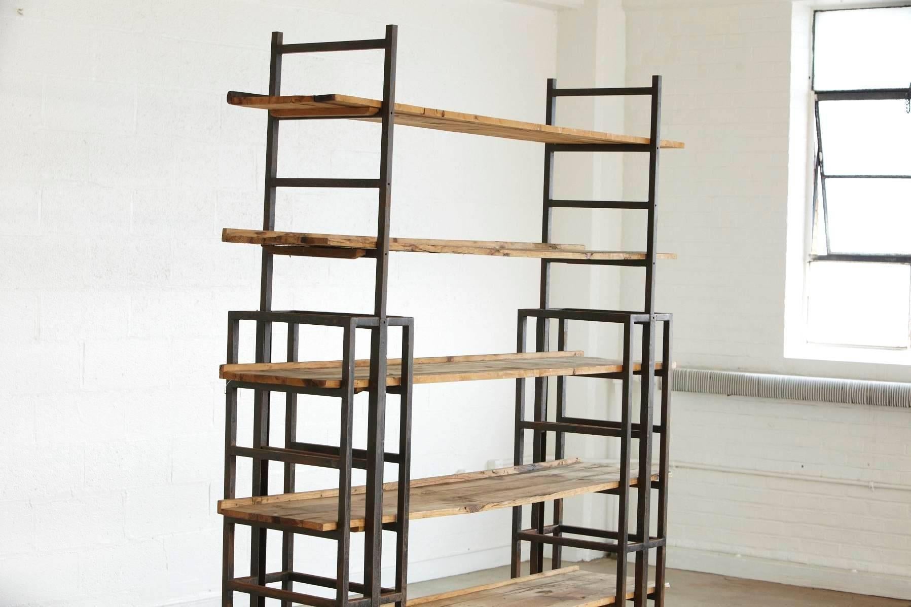 Welded Custom-Made Adjustable Industrial Style Steel and Wood Plank Etagere For Sale