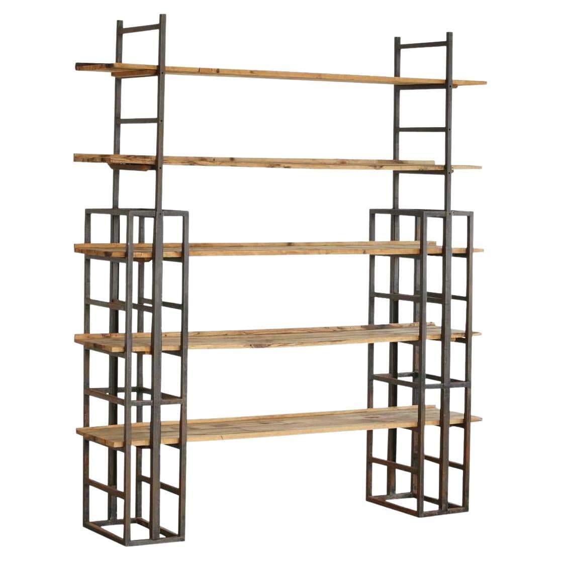 Custom-Made Adjustable Industrial Style Steel and Wood Plank Etagere For Sale