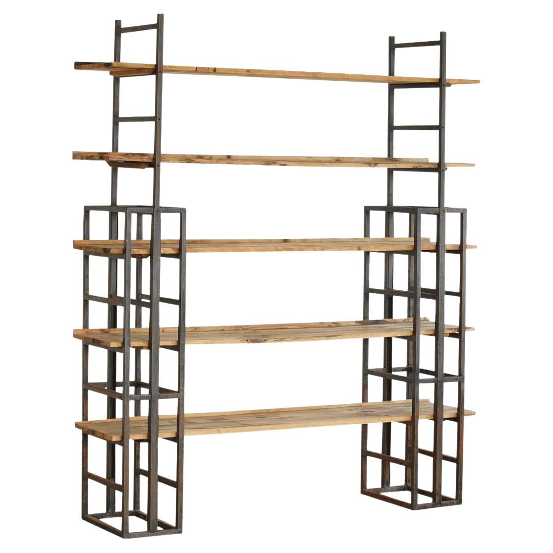 Custom-Made Adjustable Industrial Style Steel and Wood Plank Etagere