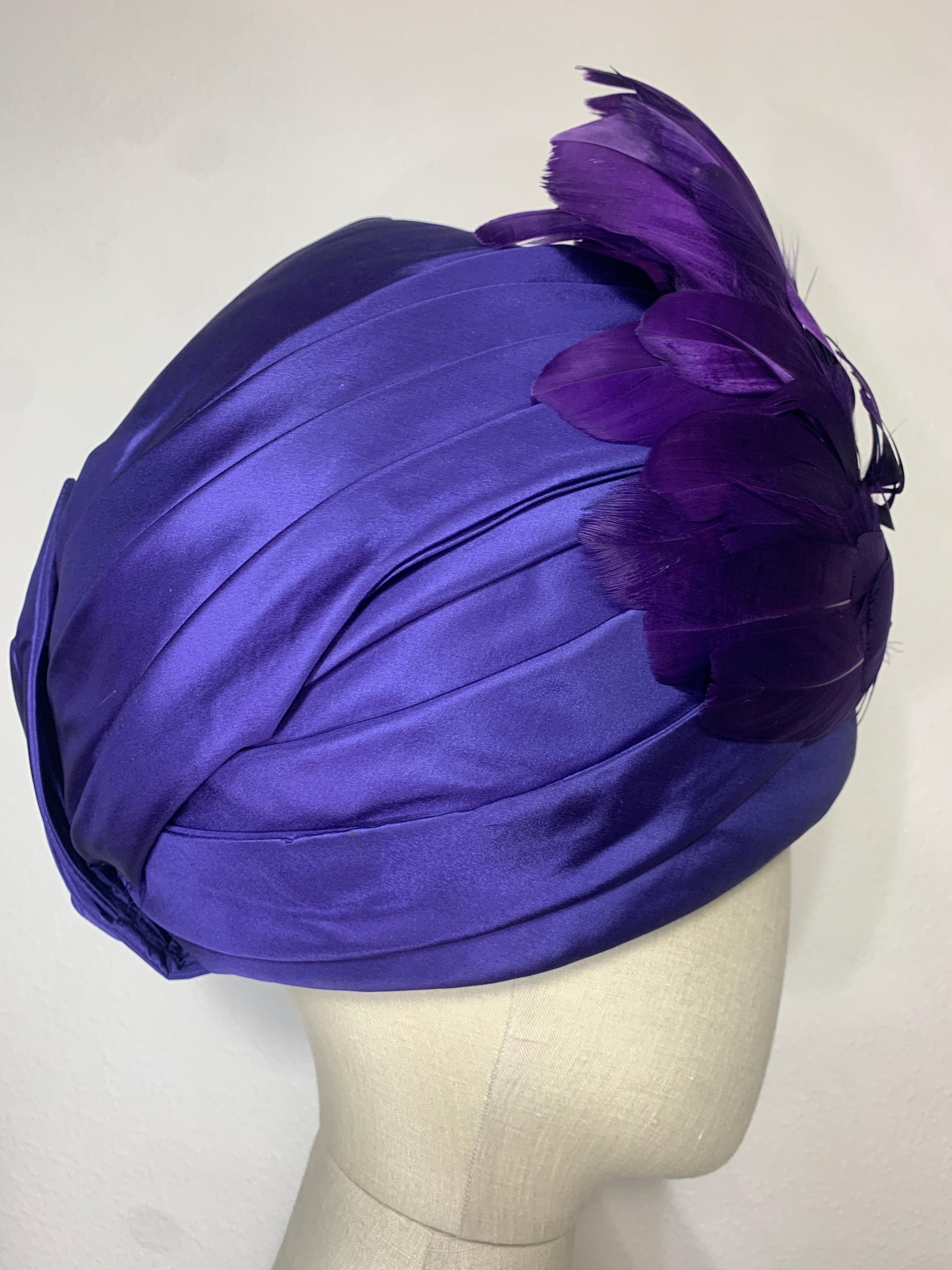Custom-Made Amethyst Silk Taffeta Turban Draped w Feather & Bead Flower For Sale 5