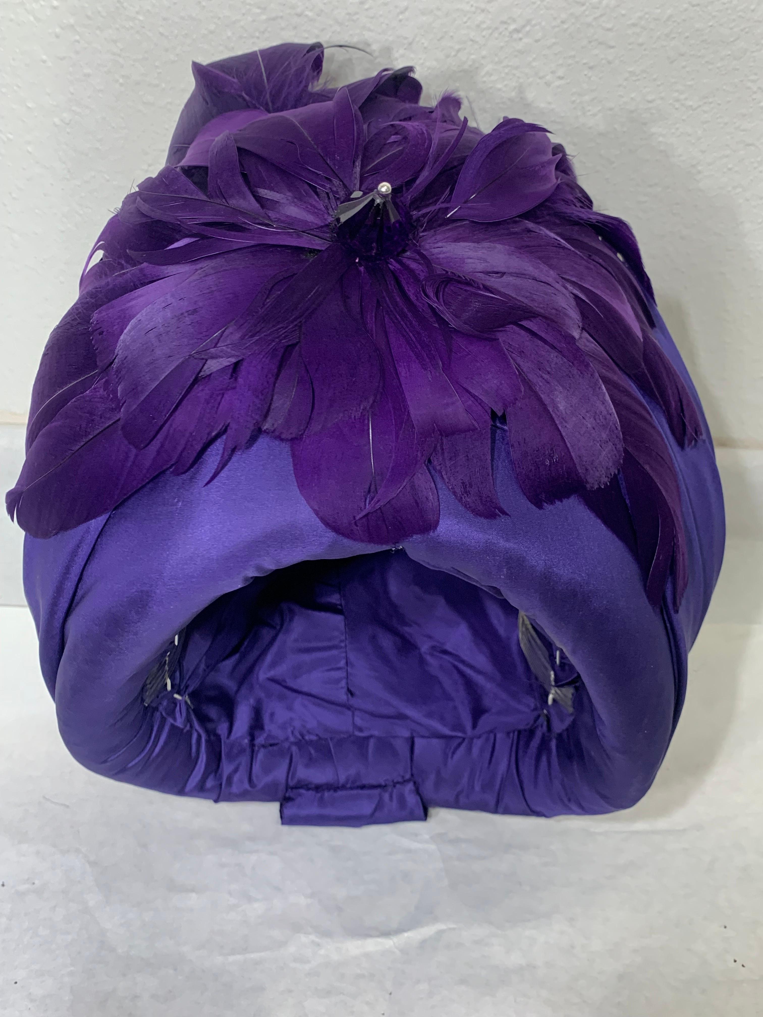 Custom-Made Amethyst Silk Taffeta Turban Draped w Feather & Bead Flower For Sale 6