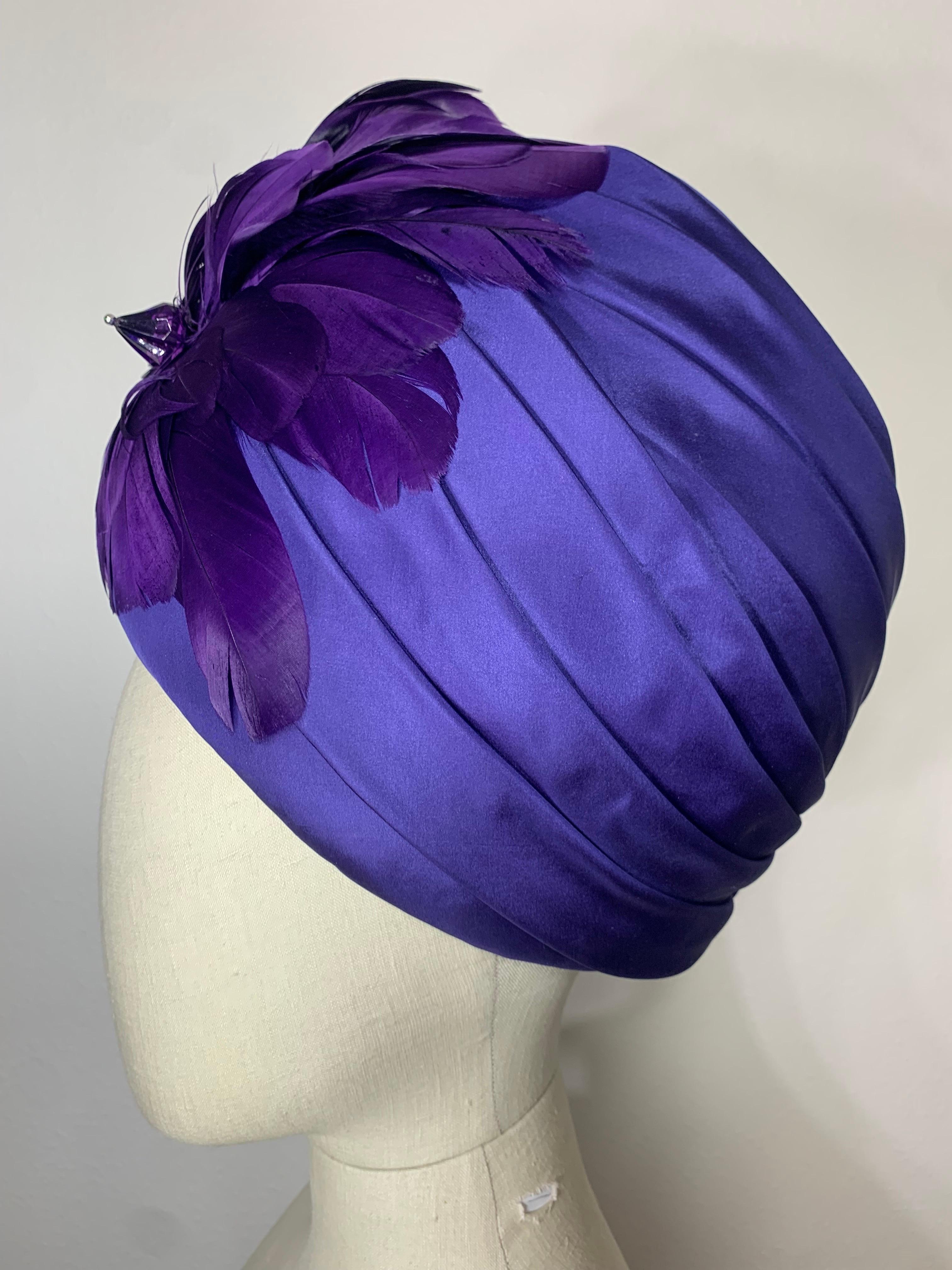 Custom-Made Amethyst Silk Taffeta Turban Draped w Feather & Bead Flower For Sale 7