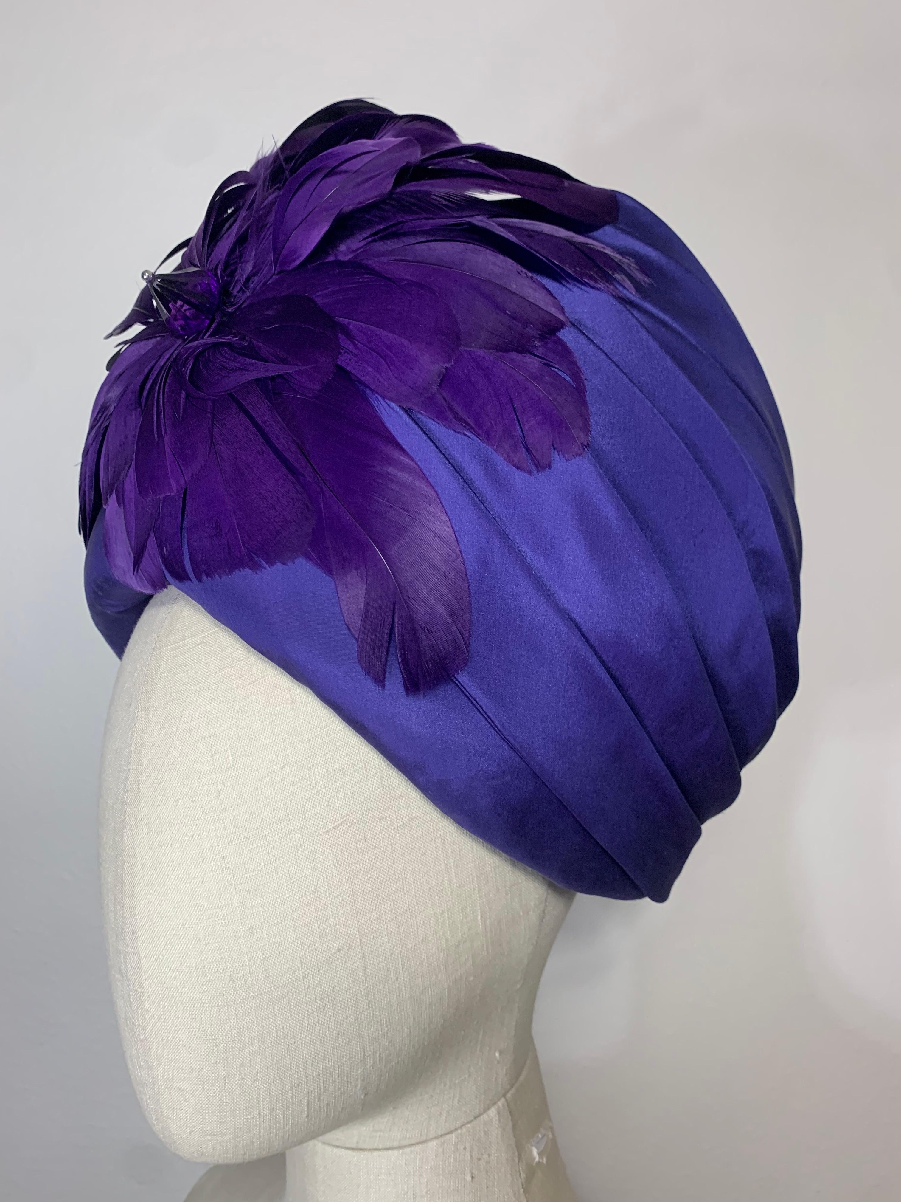 Custom-Made Amethyst Silk Taffeta Turban Draped w Feather & Bead Flower For Sale 8