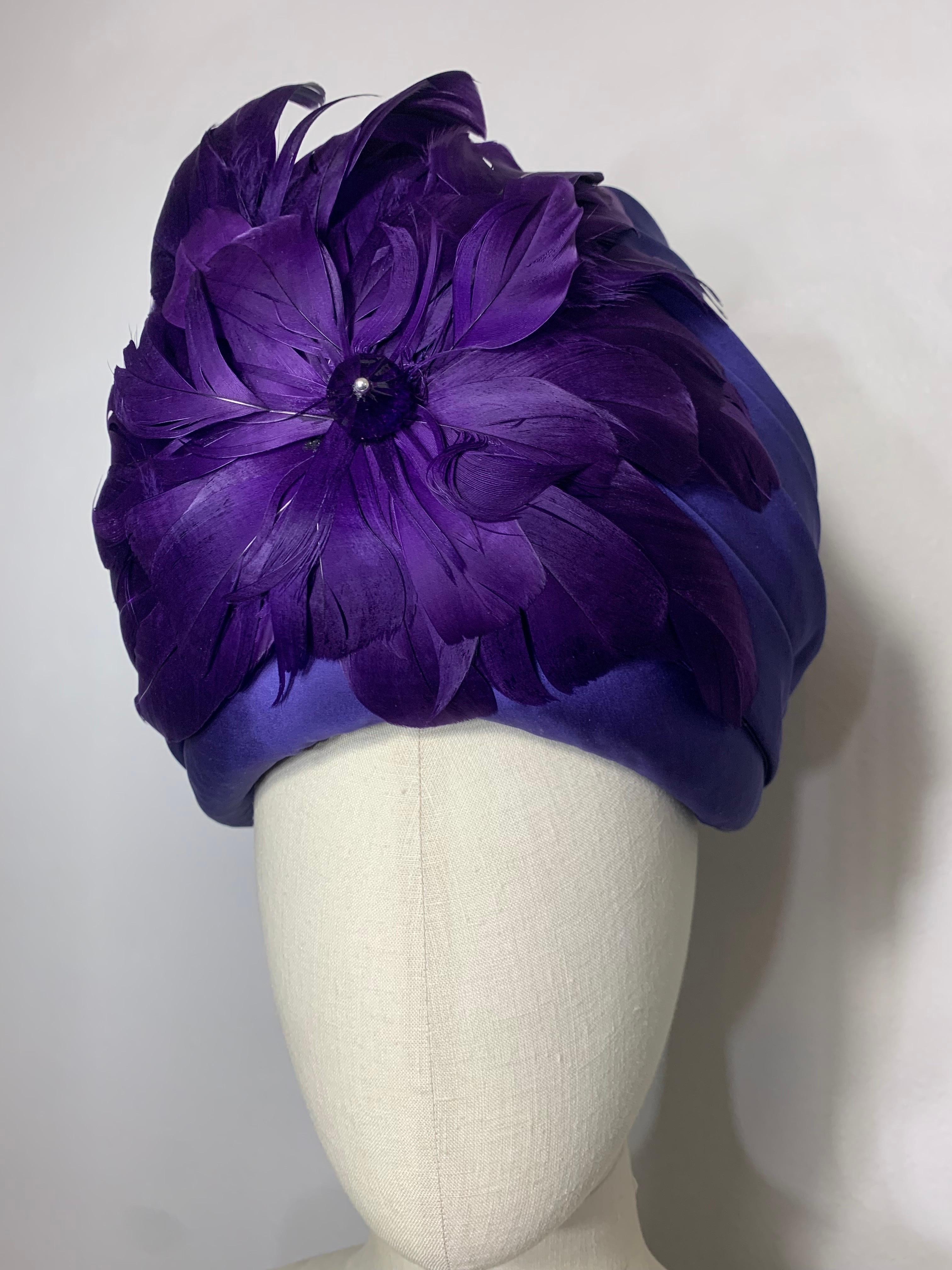 Custom-Made Amethyst Silk Taffeta Turban Draped w Feather & Bead Flower For Sale 9