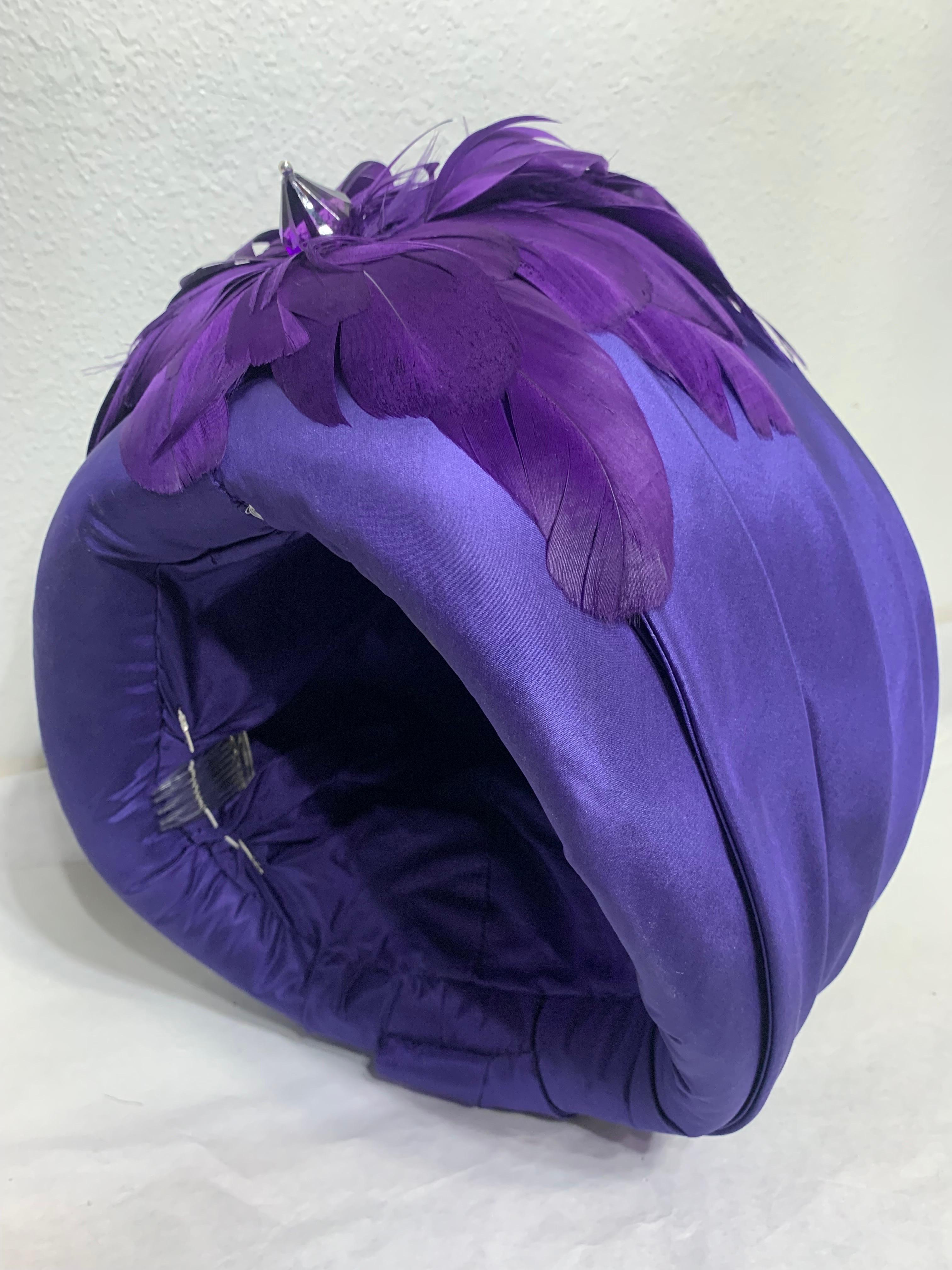 Custom-Made Amethyst Silk Taffeta Turban Draped w Feather & Bead Flower For Sale 10