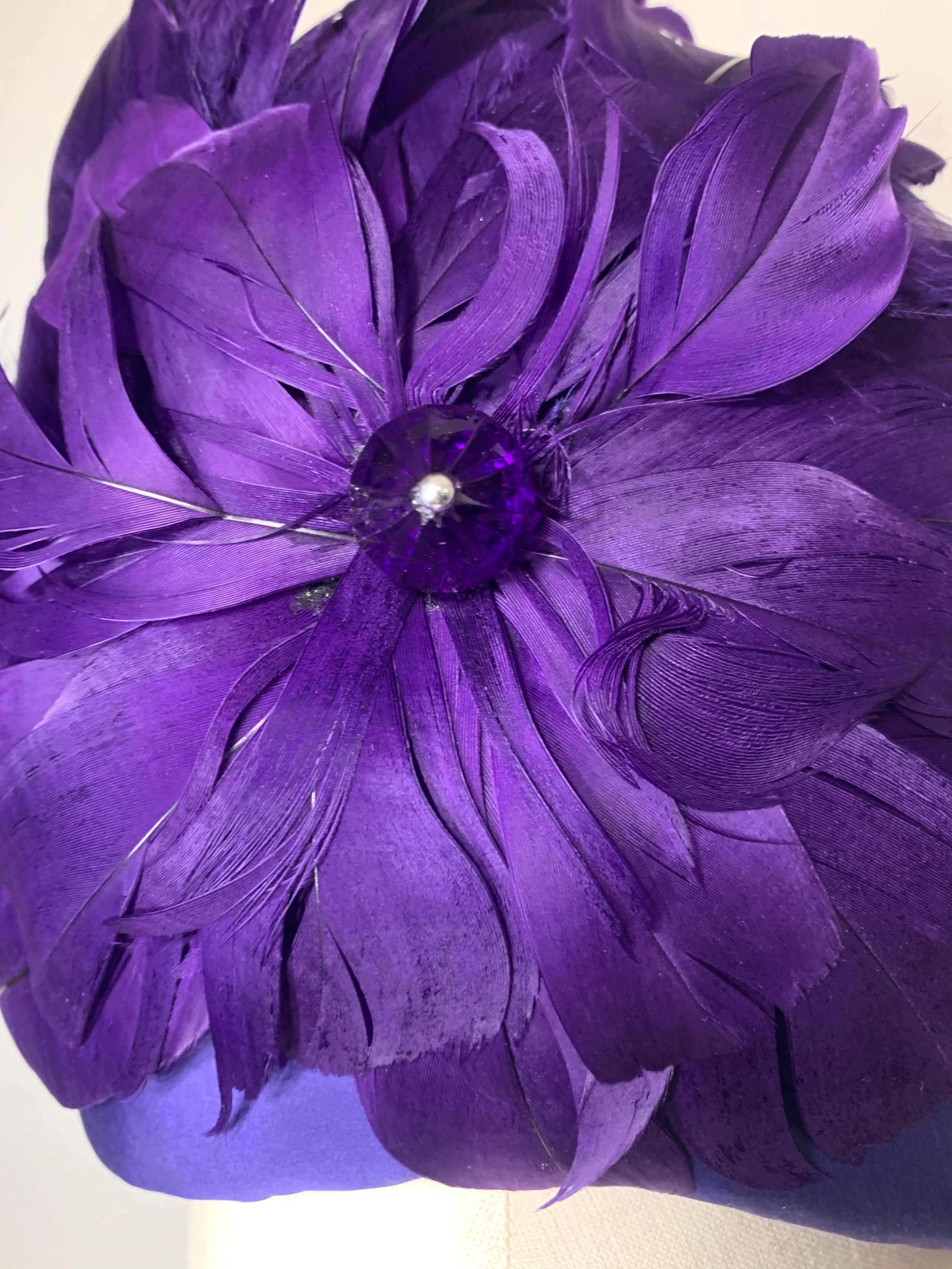 Custom-Made Amethyst Silk Taffeta Turban Draped w Feather & Bead Flower For Sale 11