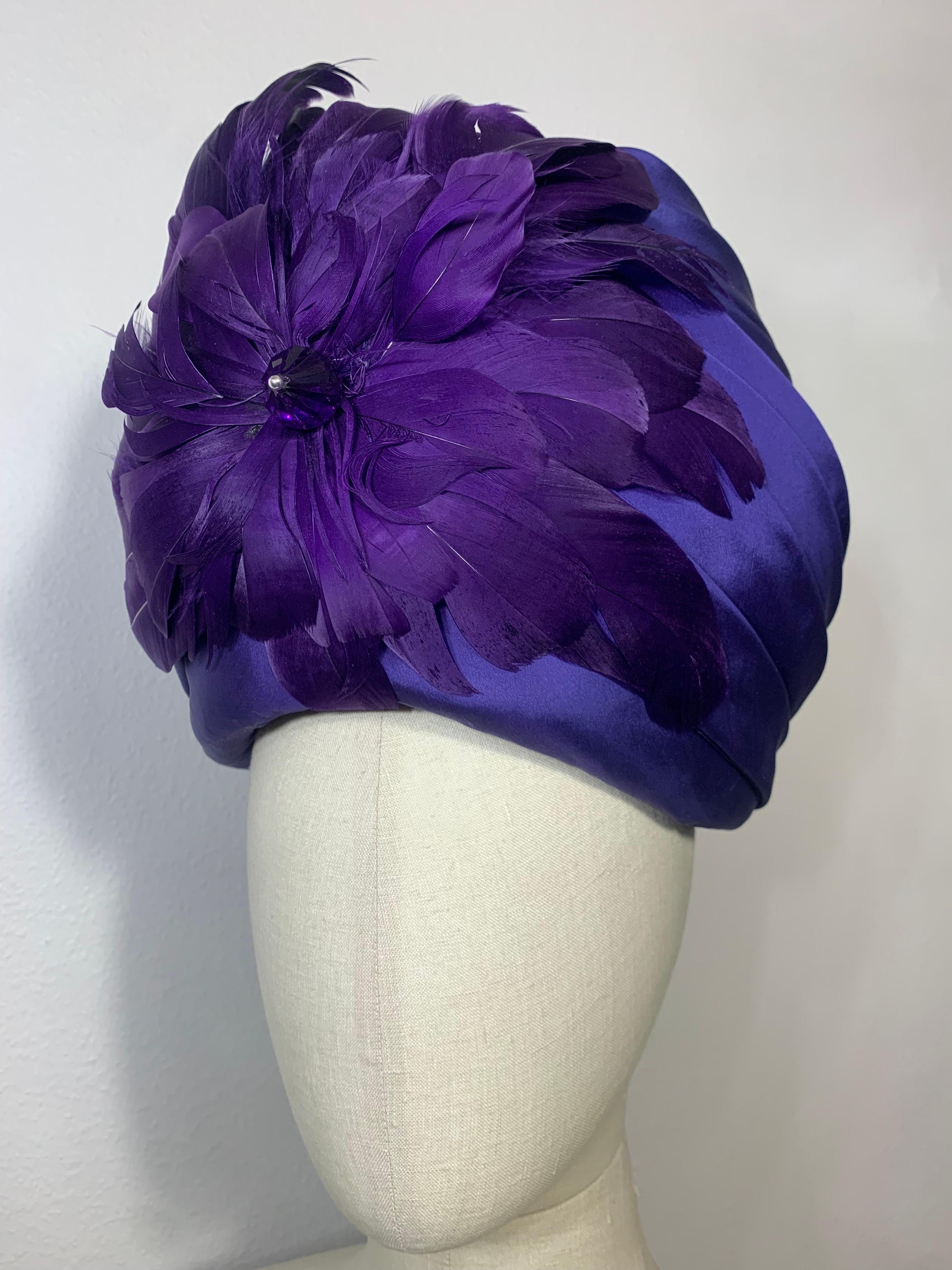 Custom-Made Amethyst Silk Taffeta Turban Draped w Feather & Bead Flower:  A gorgeous vibrant and dramatic royal purple silk turban with flower constructed of matching feathers and crystal bead at center front. Structured over buckram for shape with