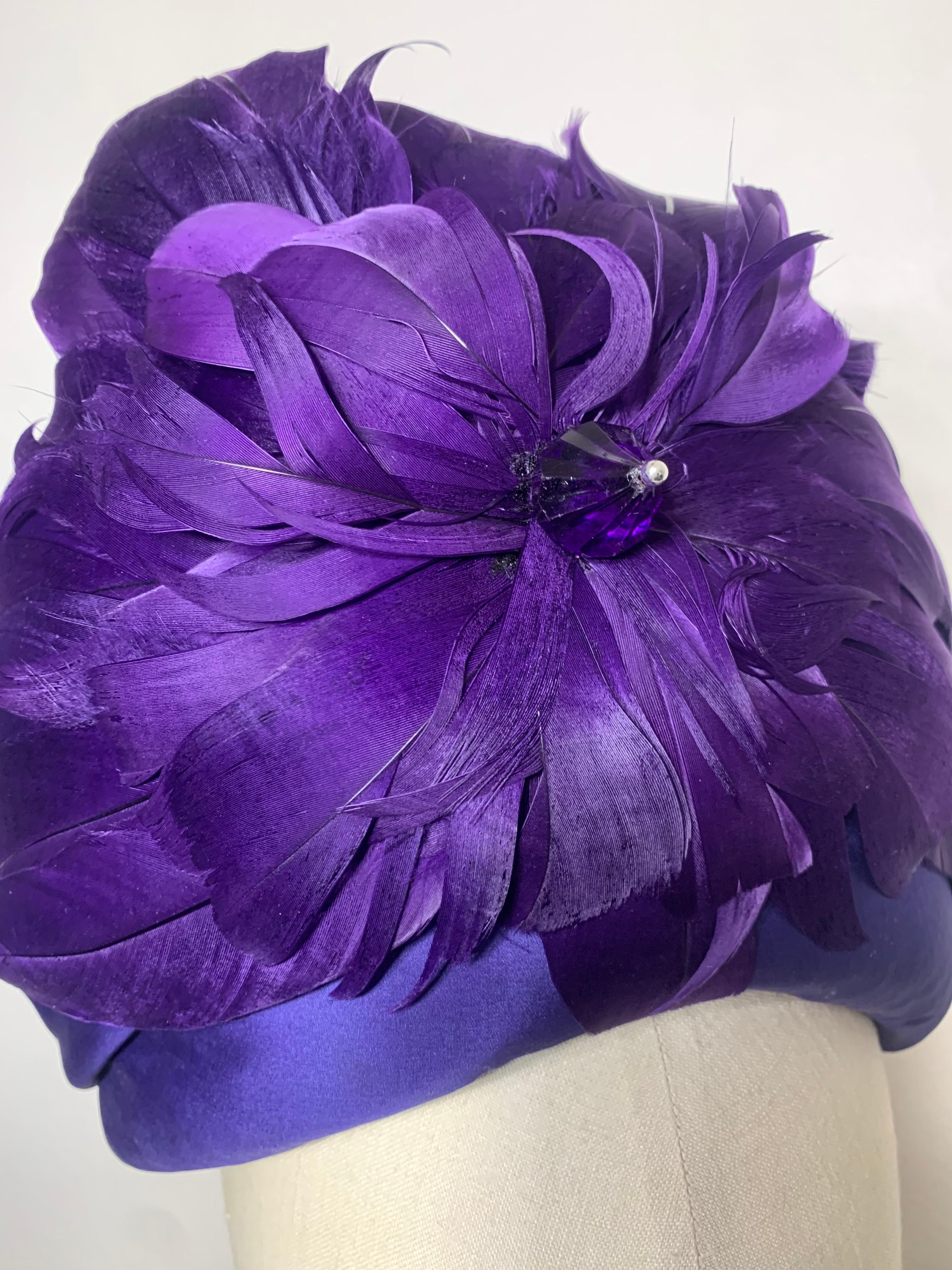 Purple Custom-Made Amethyst Silk Taffeta Turban Draped w Feather & Bead Flower For Sale