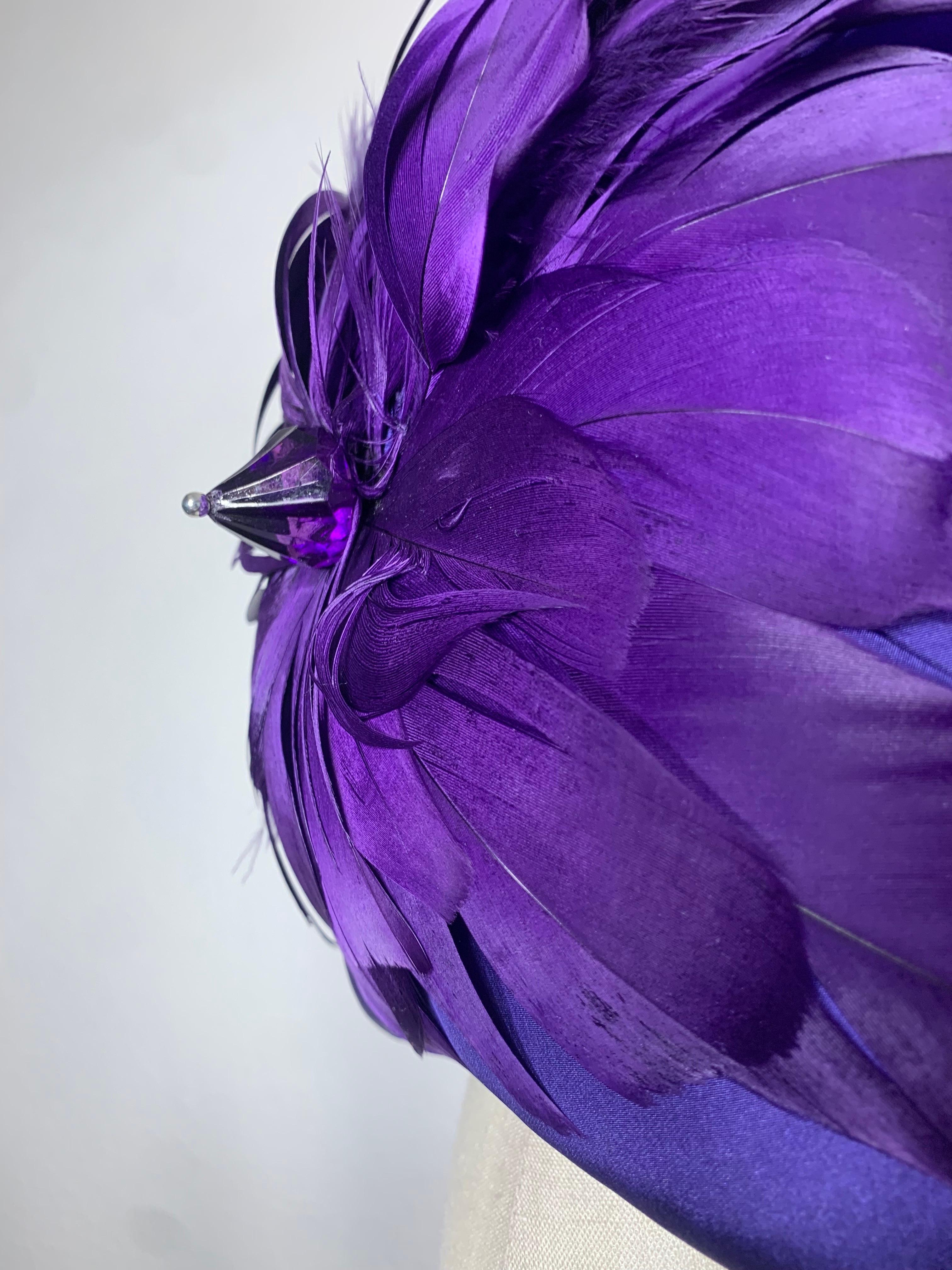 Custom-Made Amethyst Silk Taffeta Turban Draped w Feather & Bead Flower In Excellent Condition For Sale In Gresham, OR