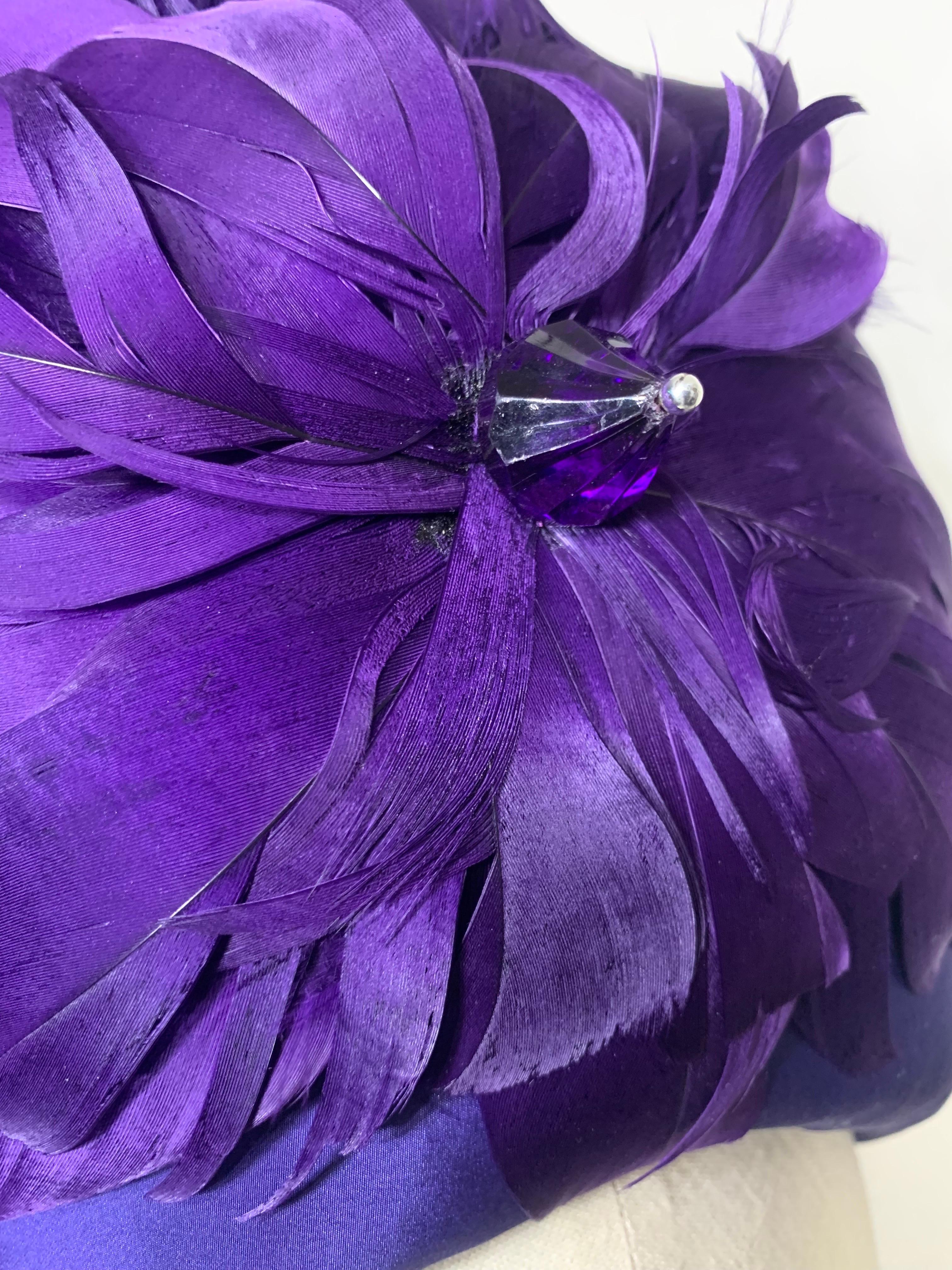 Women's or Men's Custom-Made Amethyst Silk Taffeta Turban Draped w Feather & Bead Flower For Sale