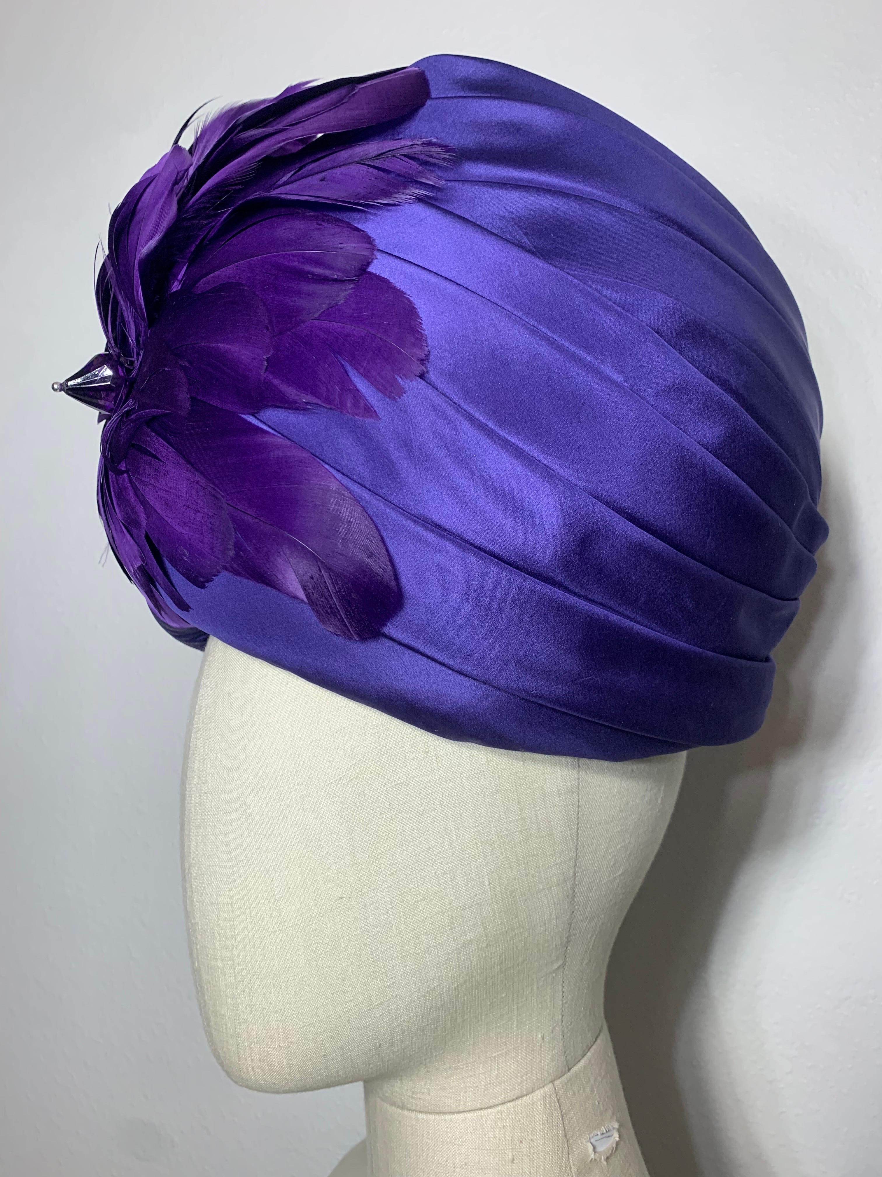 Custom-Made Amethyst Silk Taffeta Turban Draped w Feather & Bead Flower For Sale 1