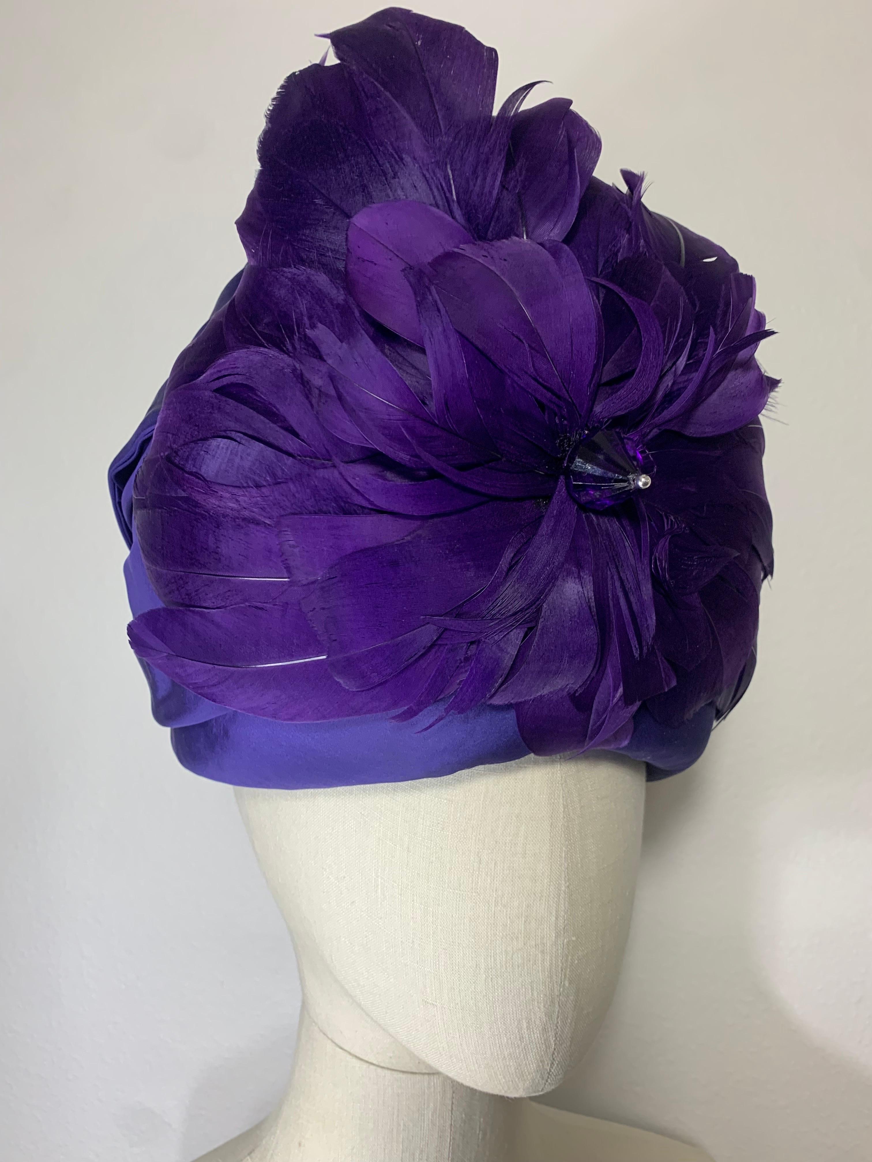 Custom-Made Amethyst Silk Taffeta Turban Draped w Feather & Bead Flower For Sale 2