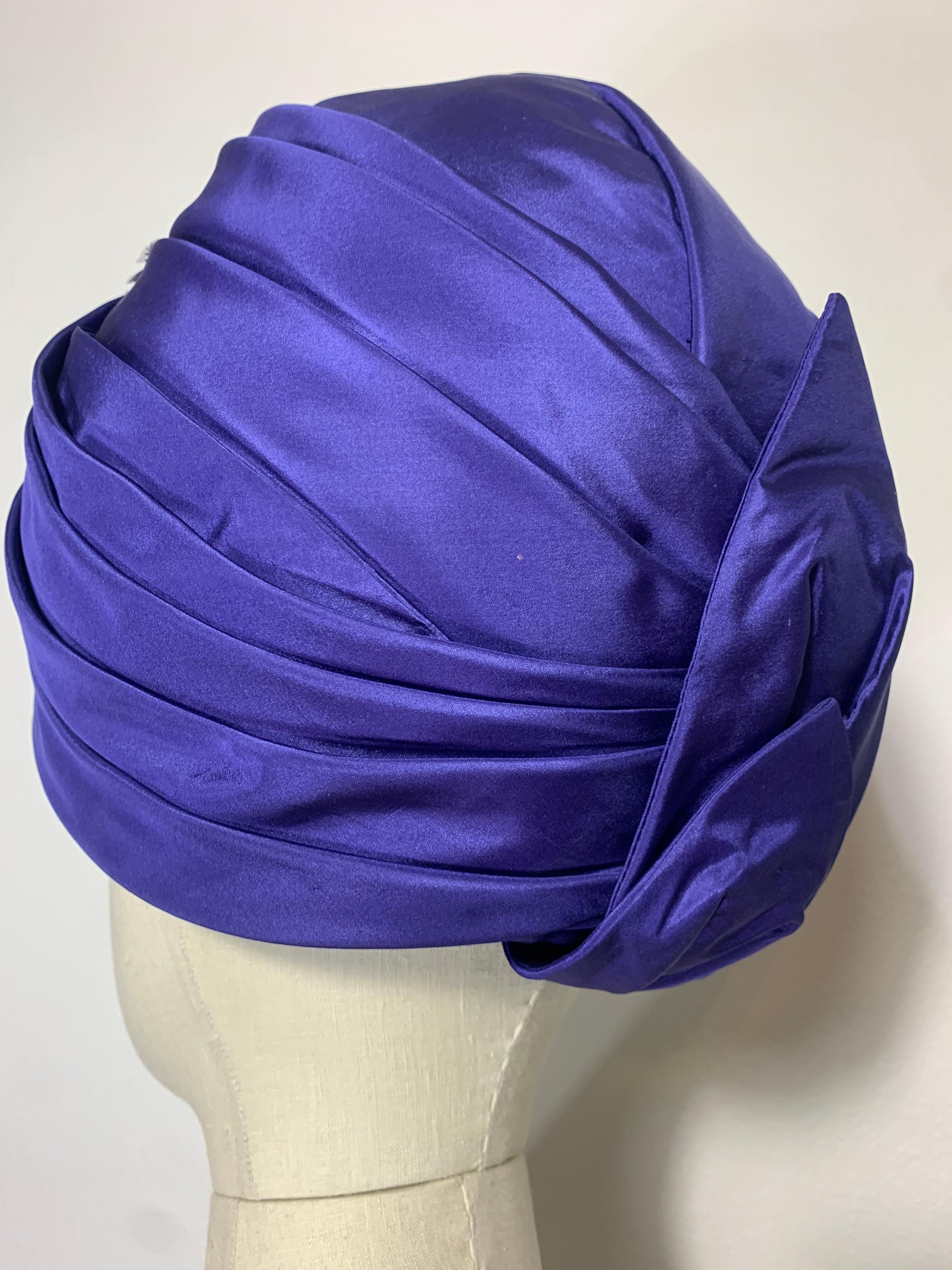 Custom-Made Amethyst Silk Taffeta Turban Draped w Feather & Bead Flower For Sale 4