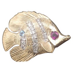 Custom Made Antique Fish Pendant in 14K Yellow Gold witih Diamonds