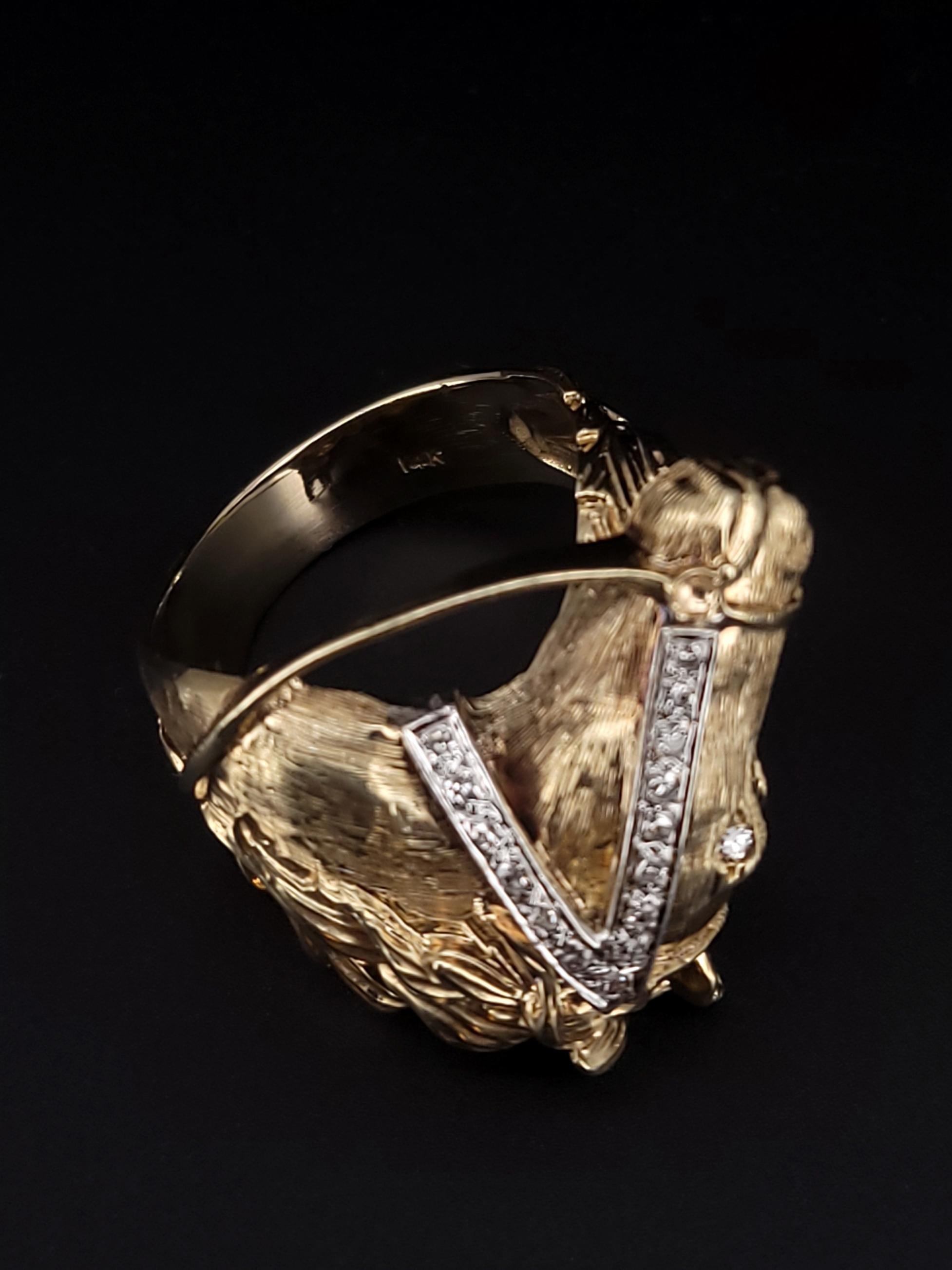 Men's Custom Made Antique Horse Ring in 14k Gold and VS G Diamonds For Sale