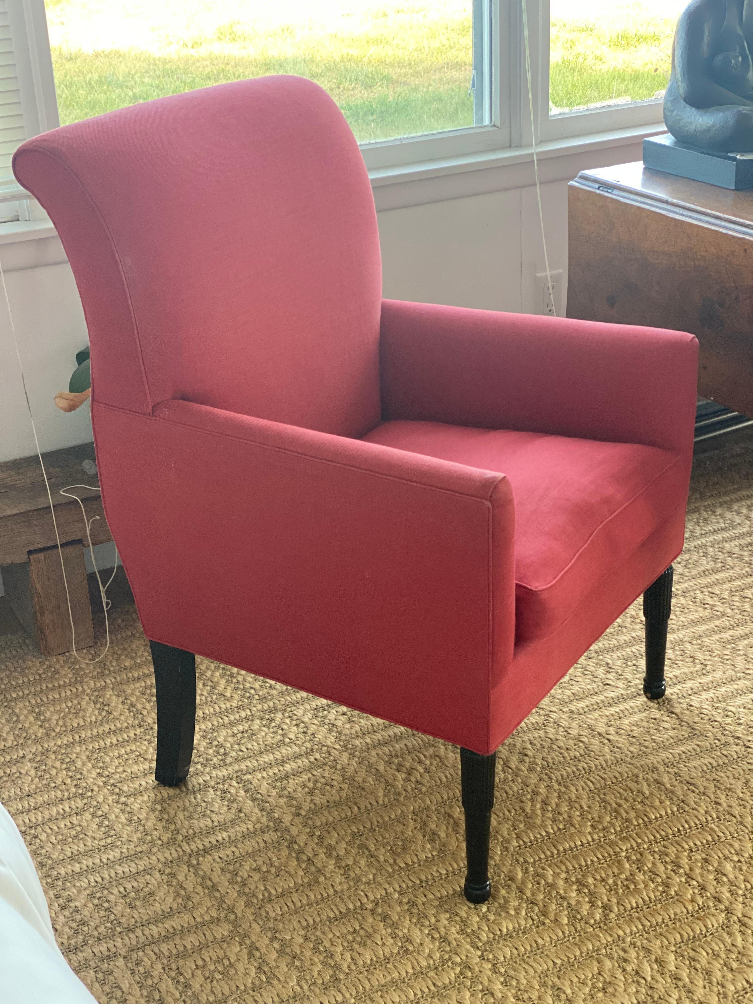 Custom made armchairs by LA based designer Claudia Benvenuto in red linen blend fabric with a loose seat cushion. Lovely soft curved back design. Four available.

26.5