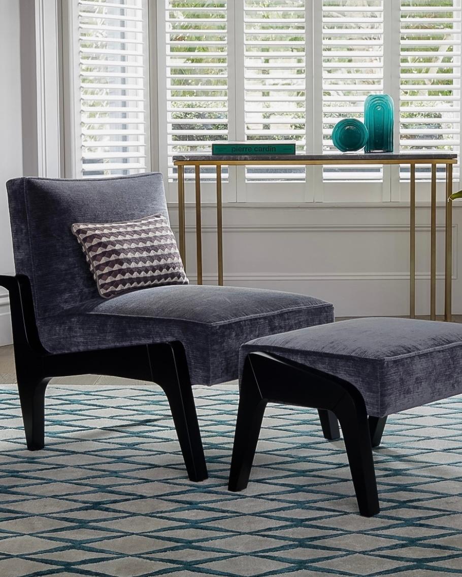 British Custom Made Art Deco Inspired Atena Chair Black Ebony and Grey Ribbed Velvet For Sale