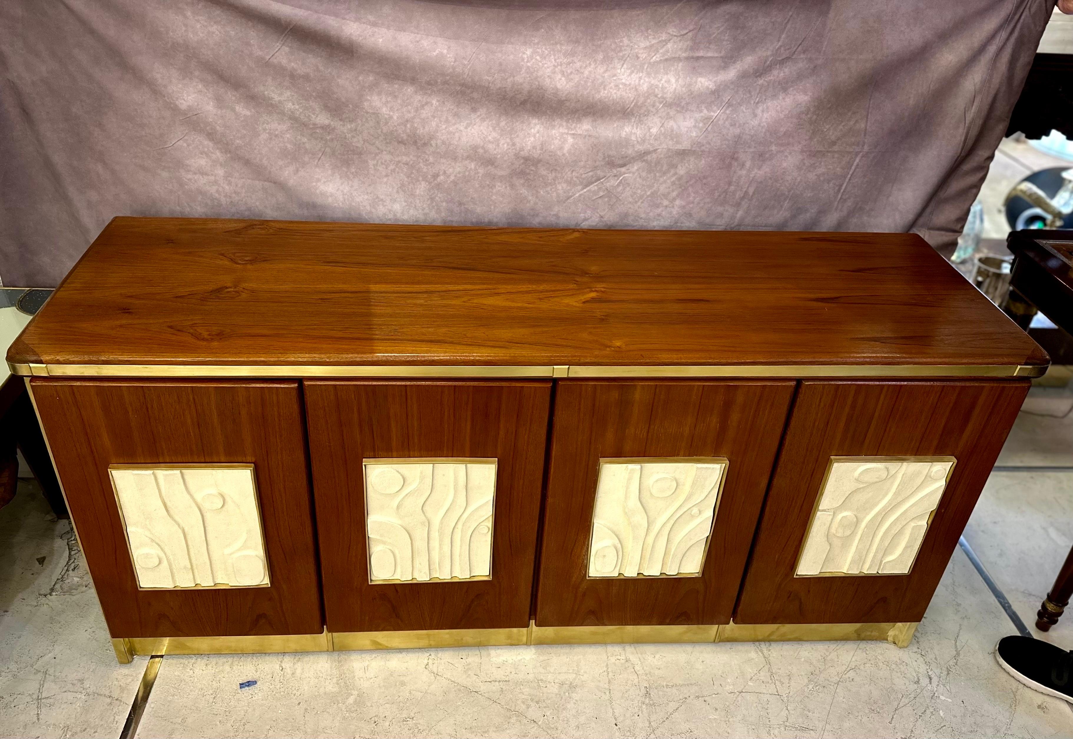 Brass Custom Made Artisanal Wood Credenza with handmade Ceramic Inclusions by Kat’s For Sale
