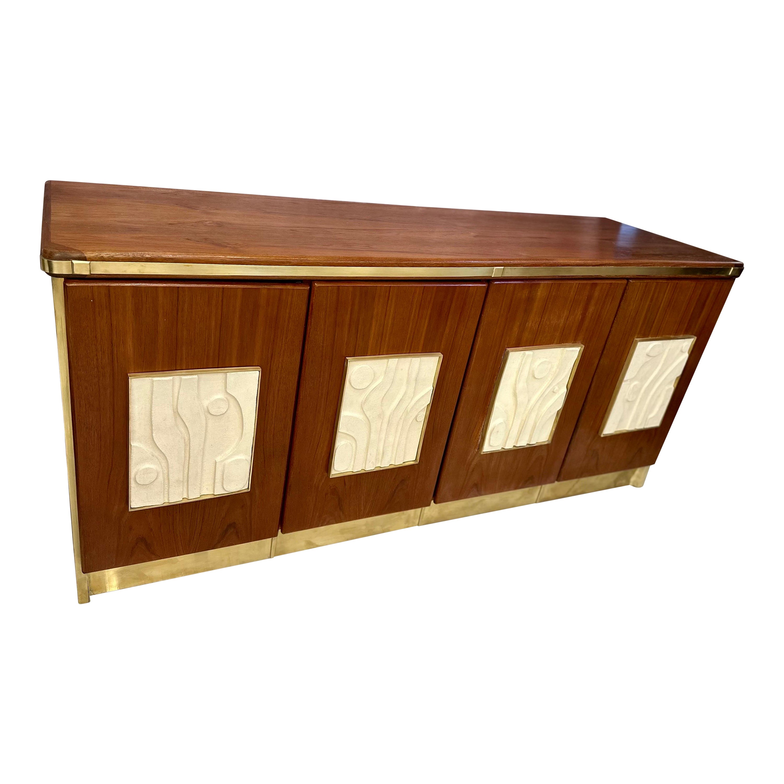 Custom Made Artisanal Wood Credenza with handmade Ceramic Inclusions by Kat’s For Sale