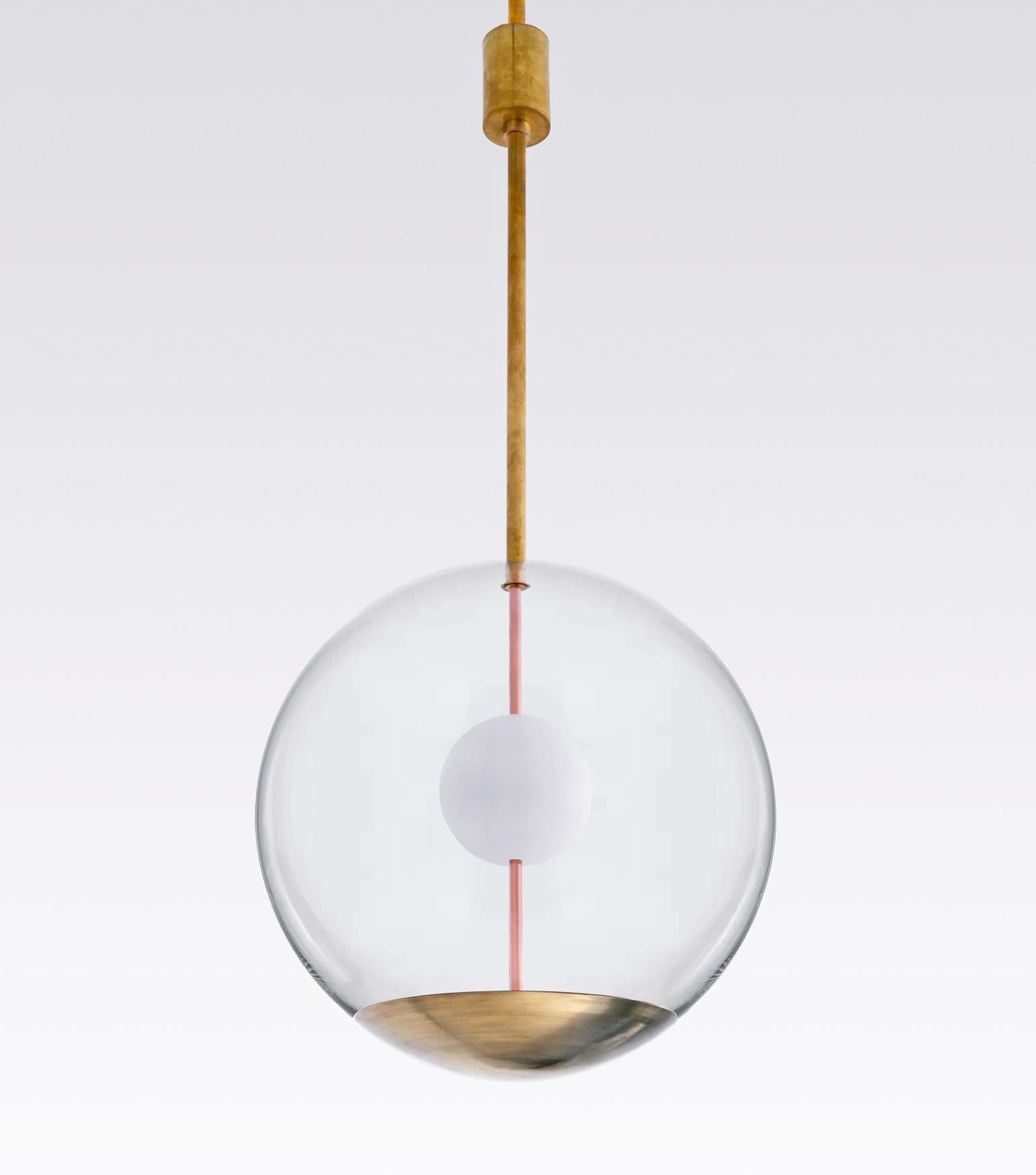 German Custom-Made Ball Ceiling Light Made Of Transparent Glass, Brass And Opal Glass For Sale