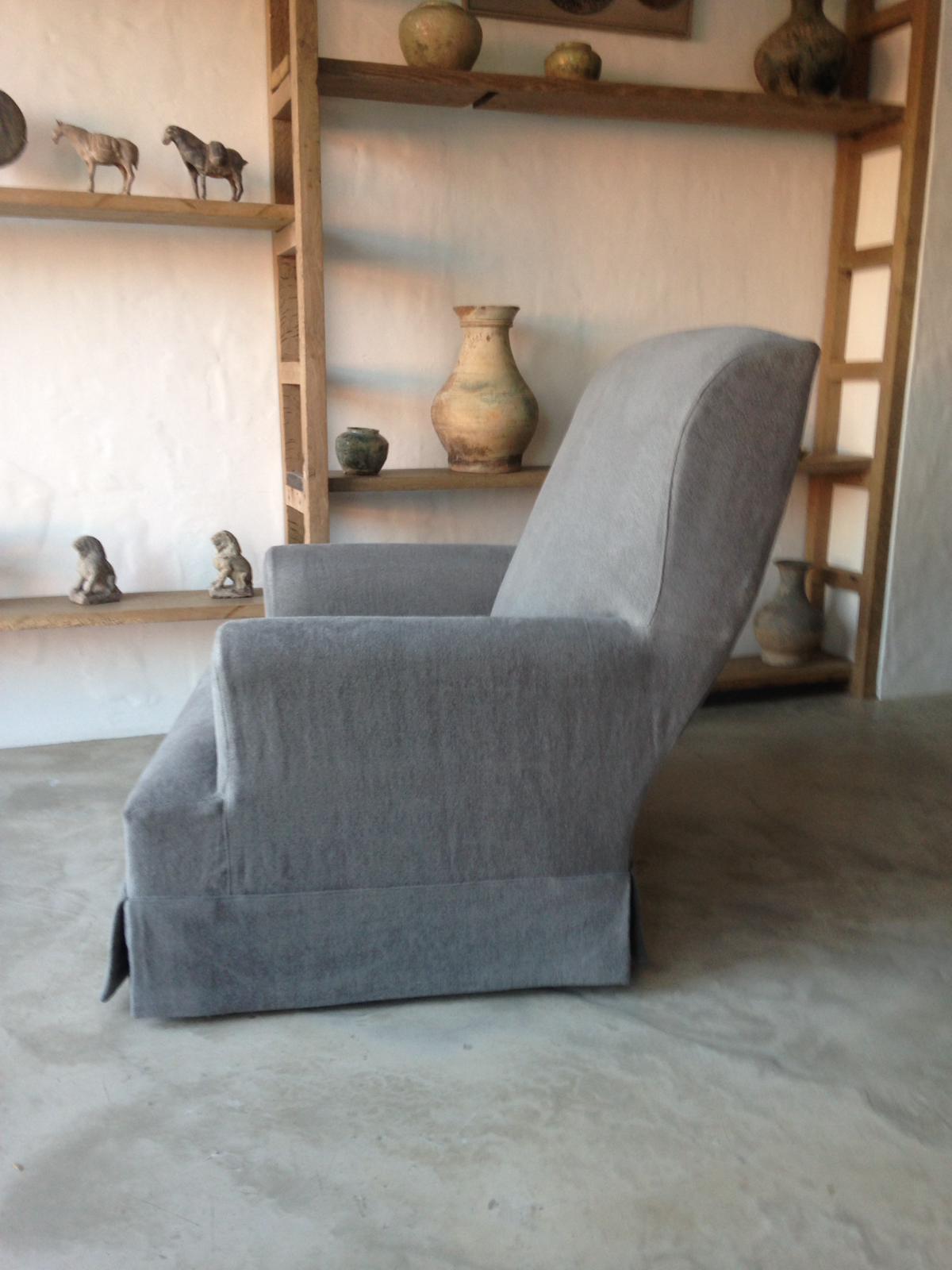 Modern Custom Made Belgian Linen Armchair with Footstool For Sale