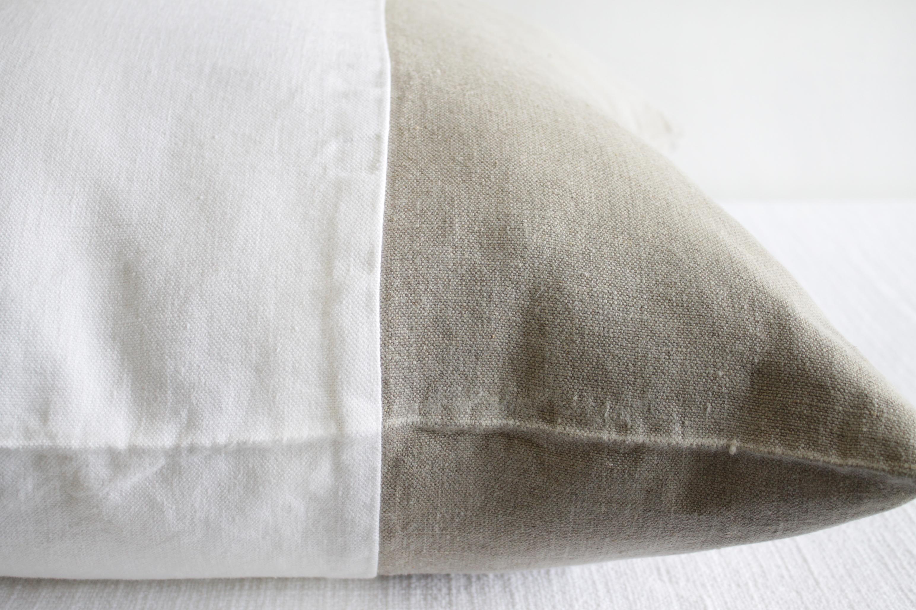 Contemporary Custom Made Belgian Linen Euro Shams Natural and White Colorblock For Sale