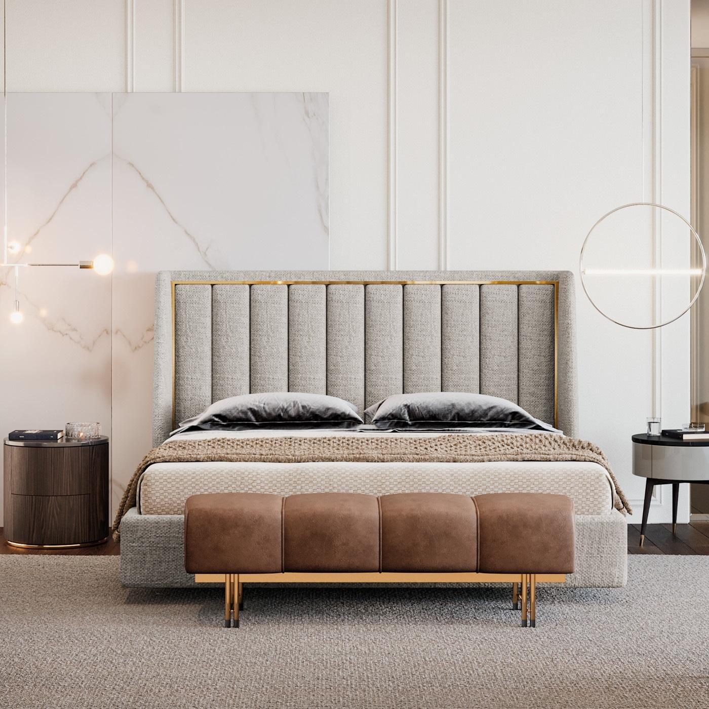 Fait main Banc fait sur mesure avec base en acier inoxydable, finition dorée et cuir en vente