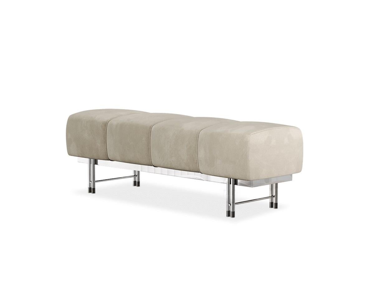 Modern Custom Made Bench With Stainless Steel Base In Gold Finish & Rich Velvet For Sale