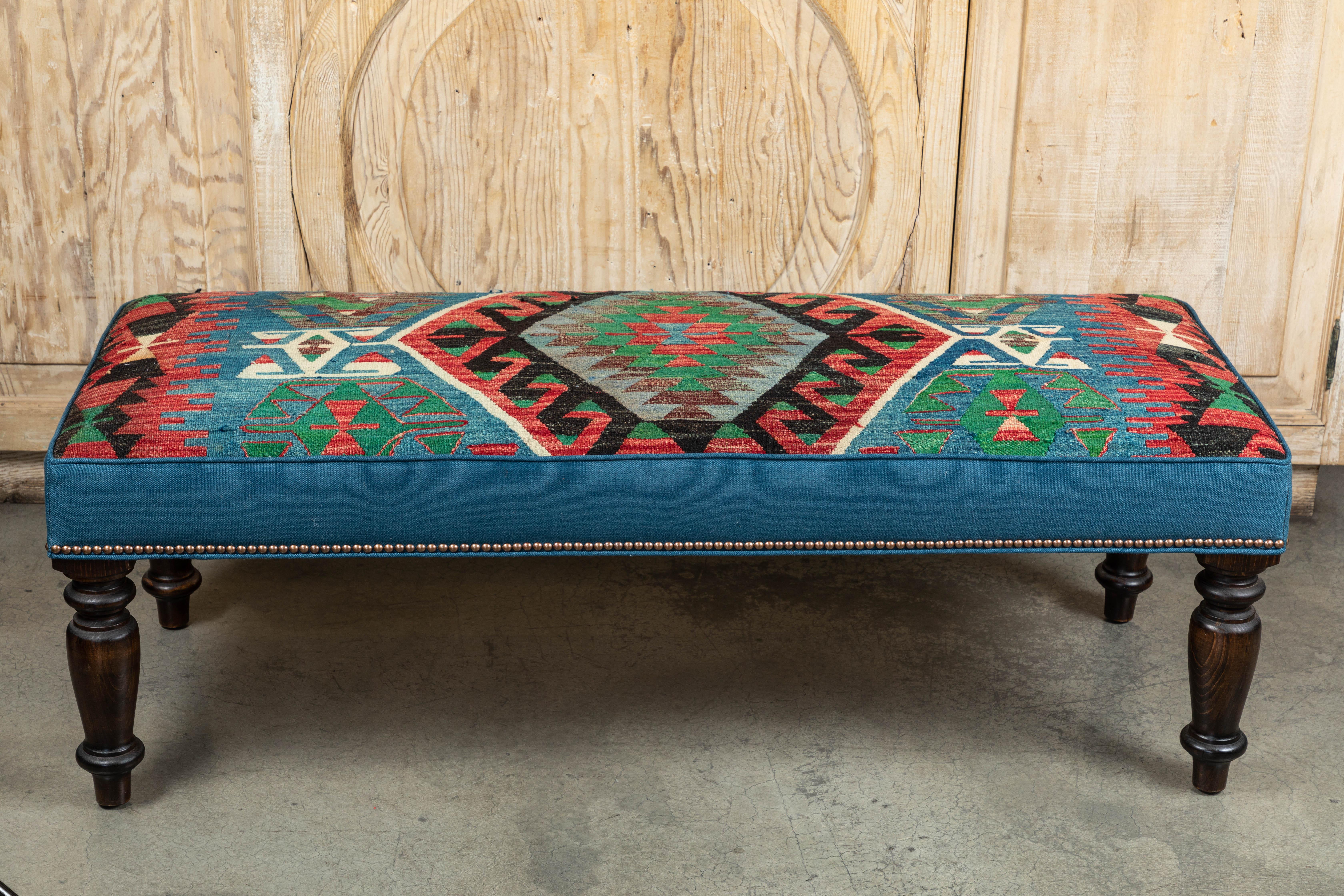 Custom-Made Bench with Wool Kilim & Belgian Linen 6