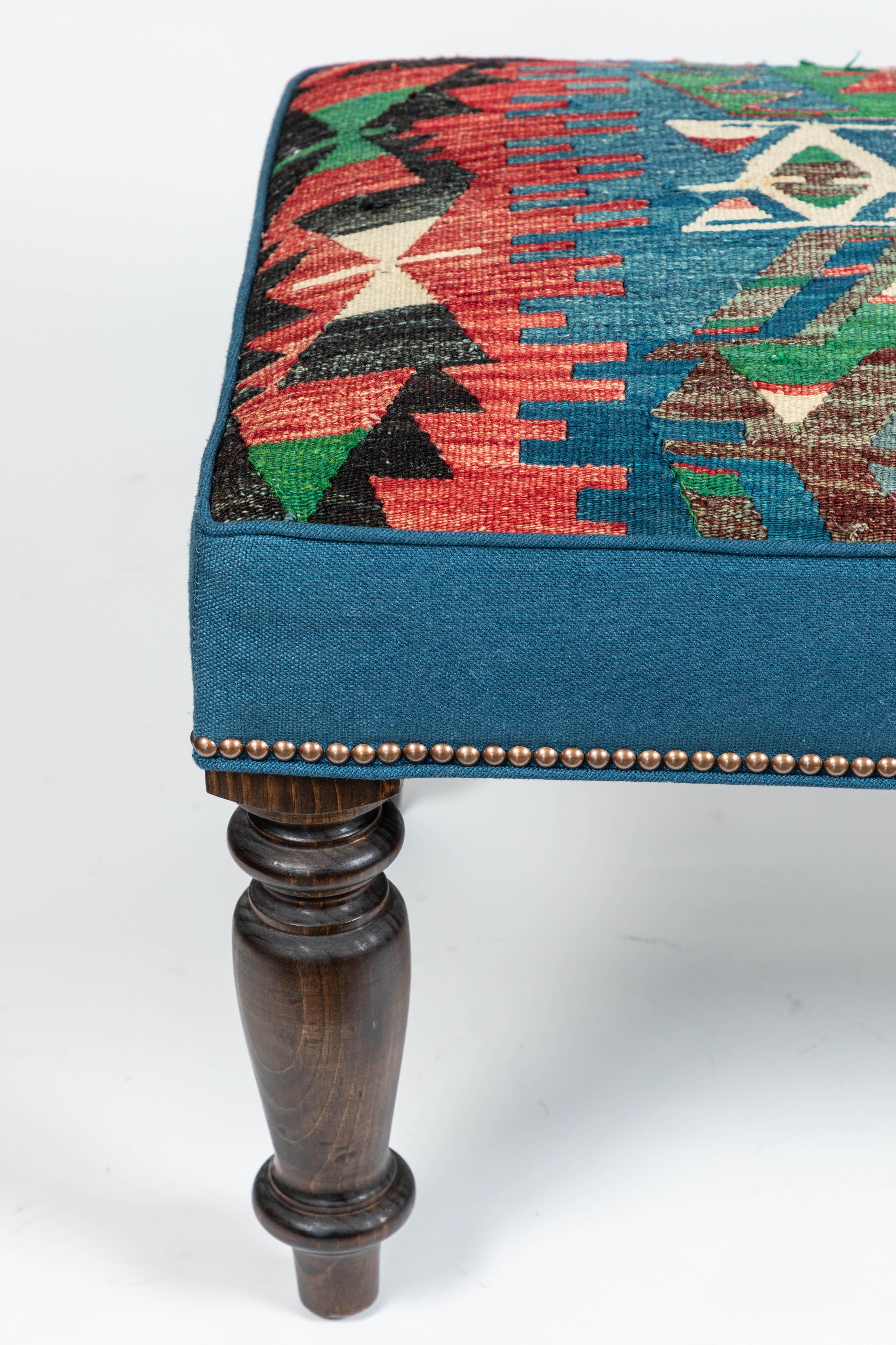 Unknown Custom-Made Bench with Wool Kilim & Belgian Linen
