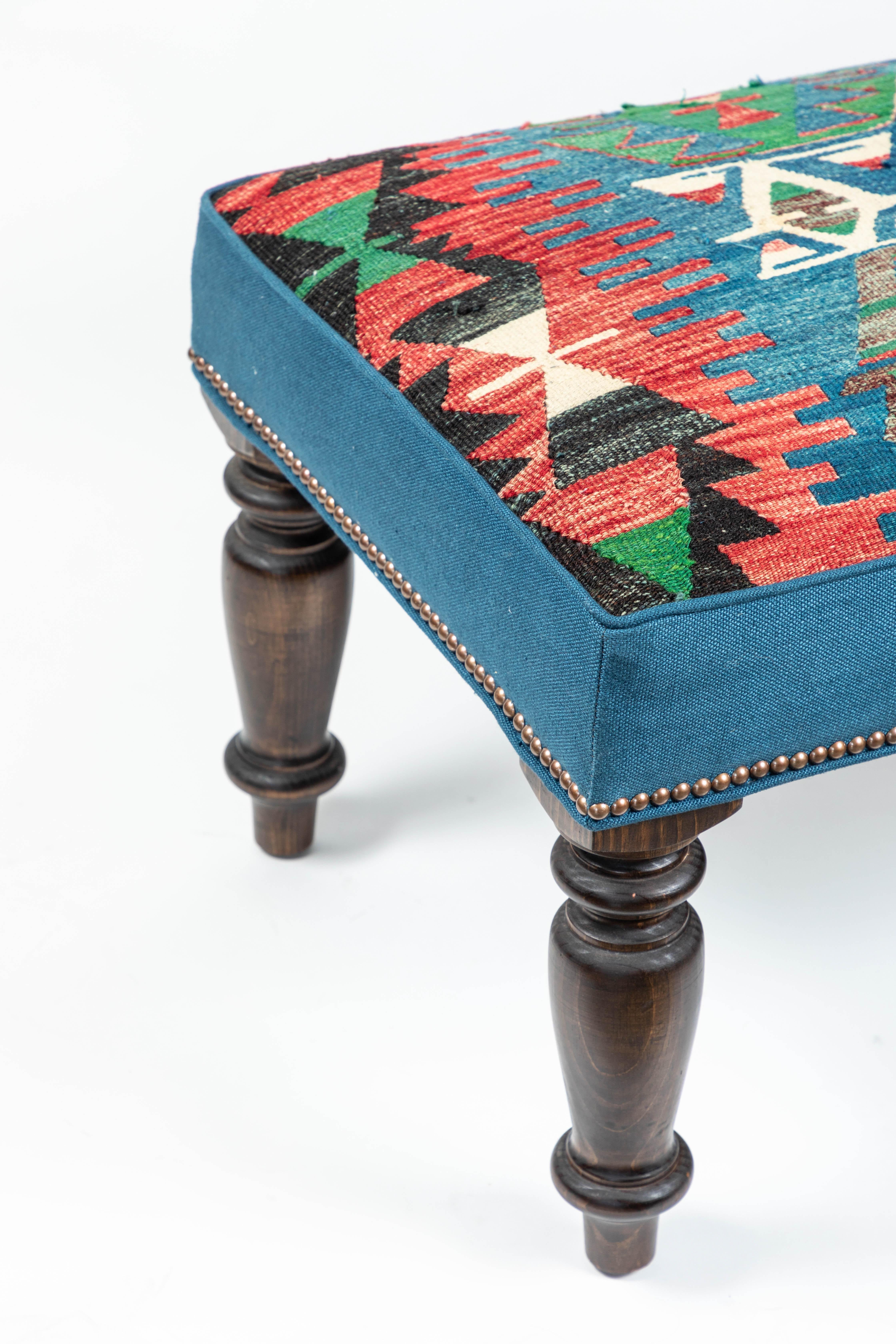 Custom-Made Bench with Wool Kilim & Belgian Linen 1