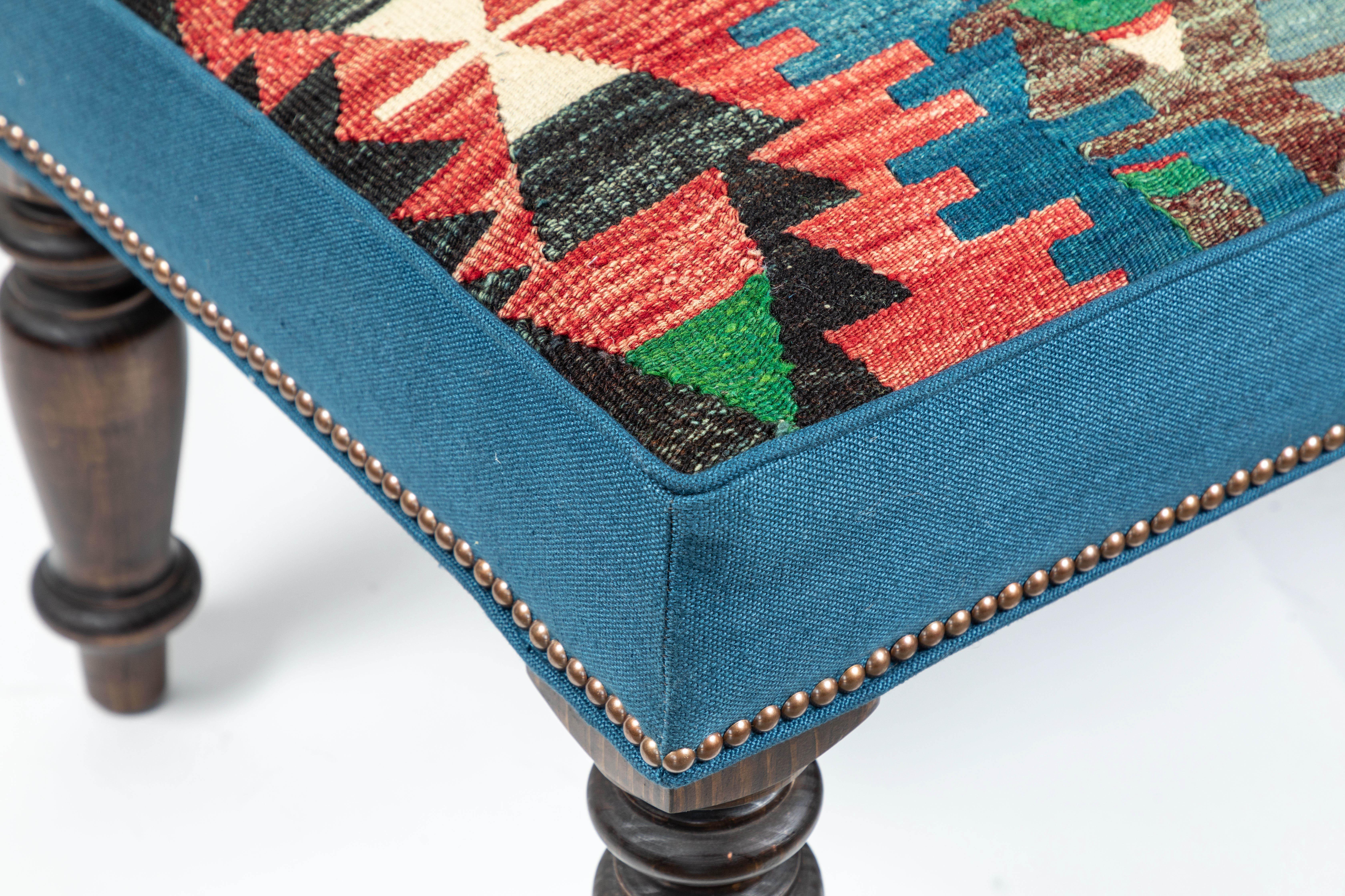 Custom-Made Bench with Wool Kilim & Belgian Linen 2