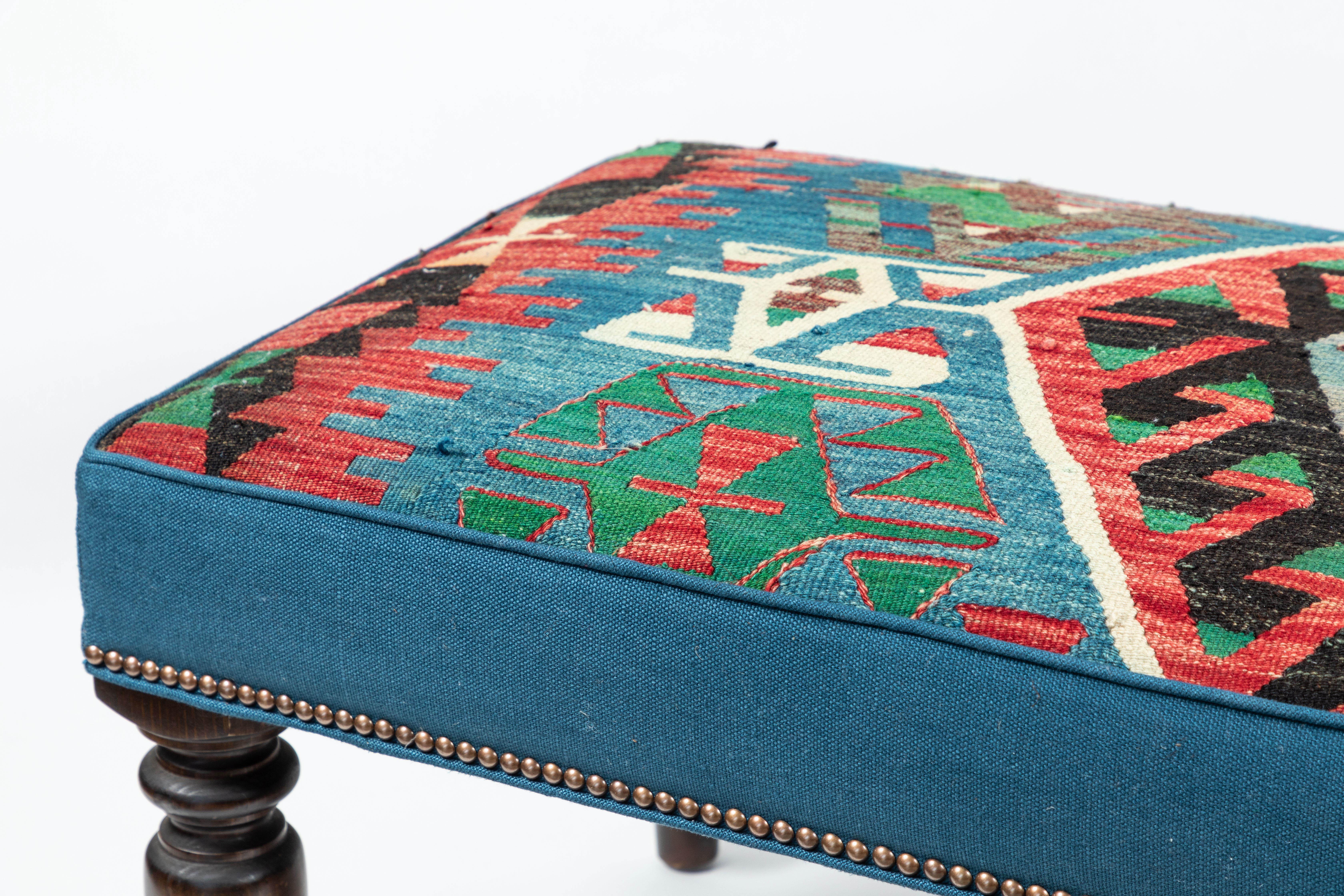 Custom-Made Bench with Wool Kilim & Belgian Linen 4