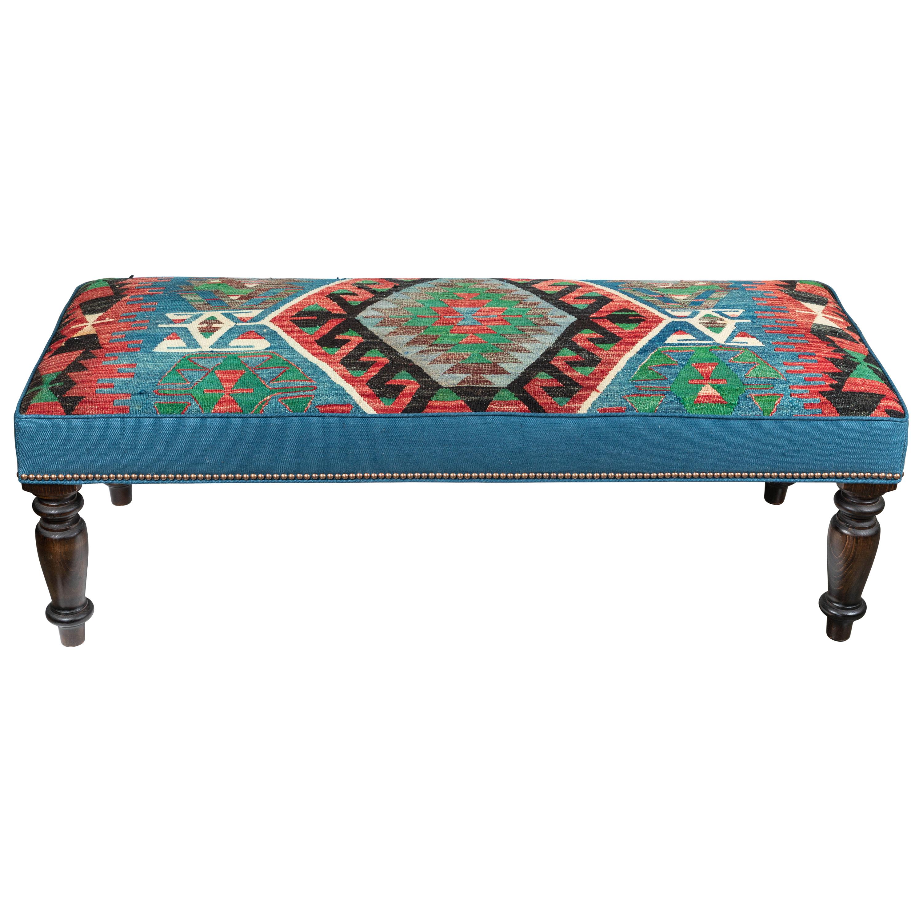 Custom-Made Bench with Wool Kilim & Belgian Linen