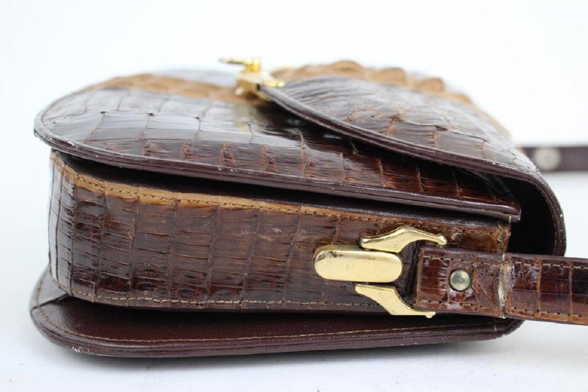 Custom Made Bicolor Flap 11mt915 Chocolate Crocodile Skin Leather Cross Body Bag For Sale 4