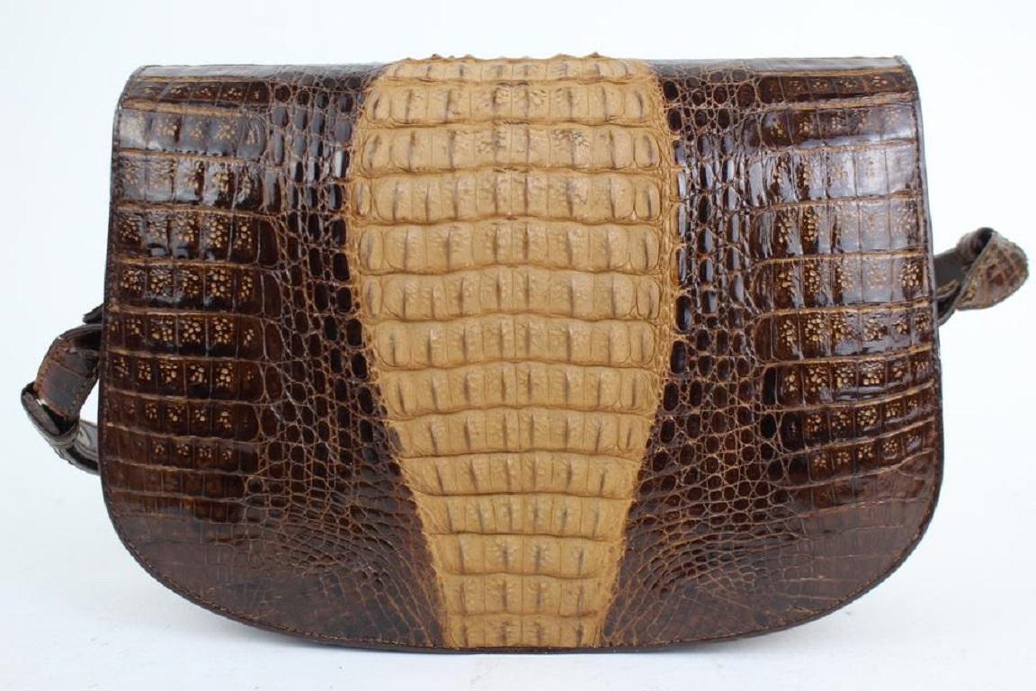 Custom Made Bicolor Flap 11mt915 Chocolate Crocodile Skin Leather Cross Body Bag In Good Condition For Sale In Dix hills, NY