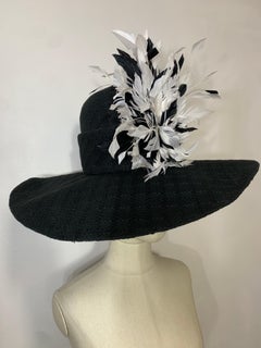 Custom Made Black Wool Bouclé Wide-Brim w Striking Silhouette & Feather Spray