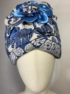 Custom Made "Blue Willow" Patterned Turban w Matching Hat Pin and Flower