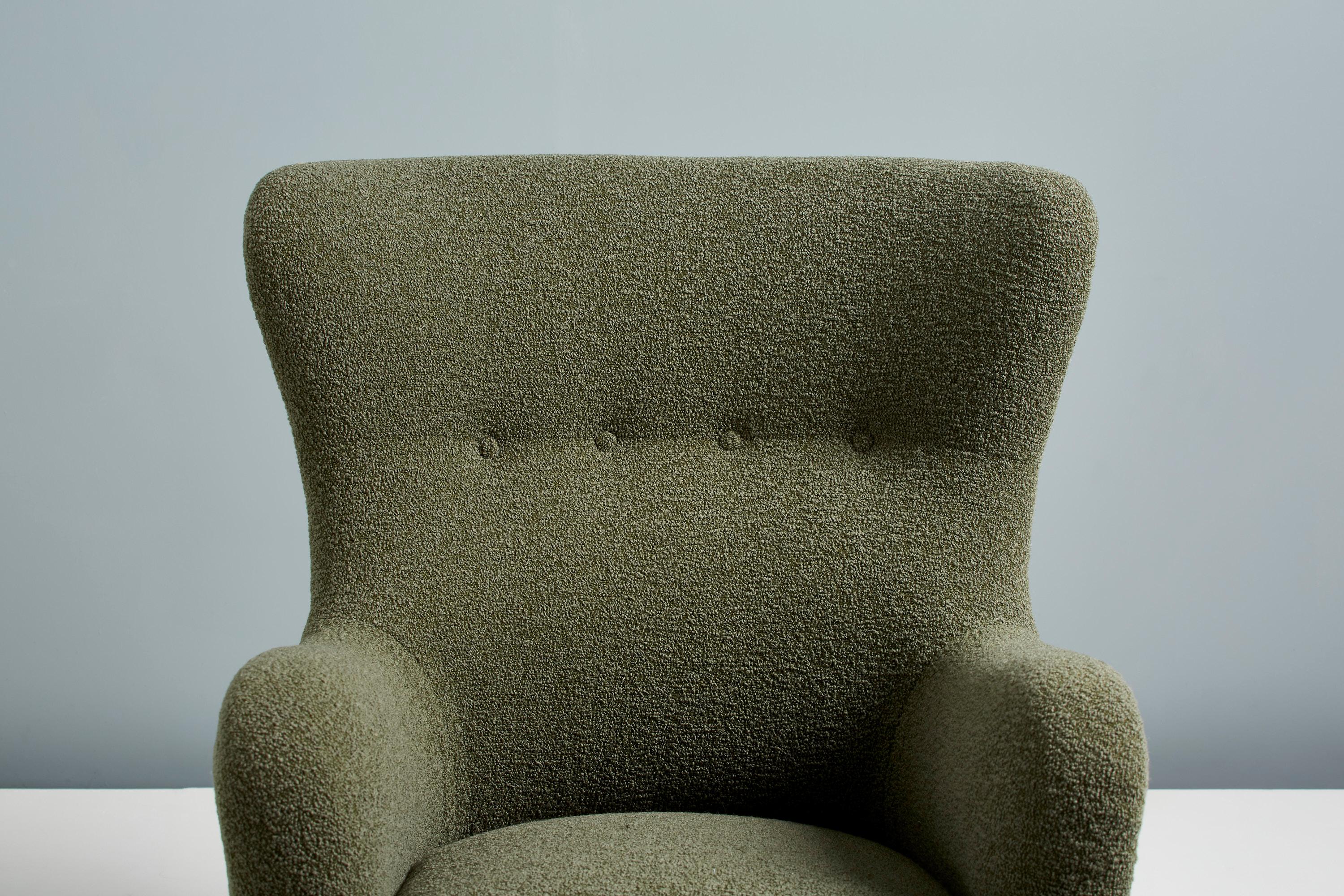British Custom Made Boucle Sampo Wing Chair For Sale
