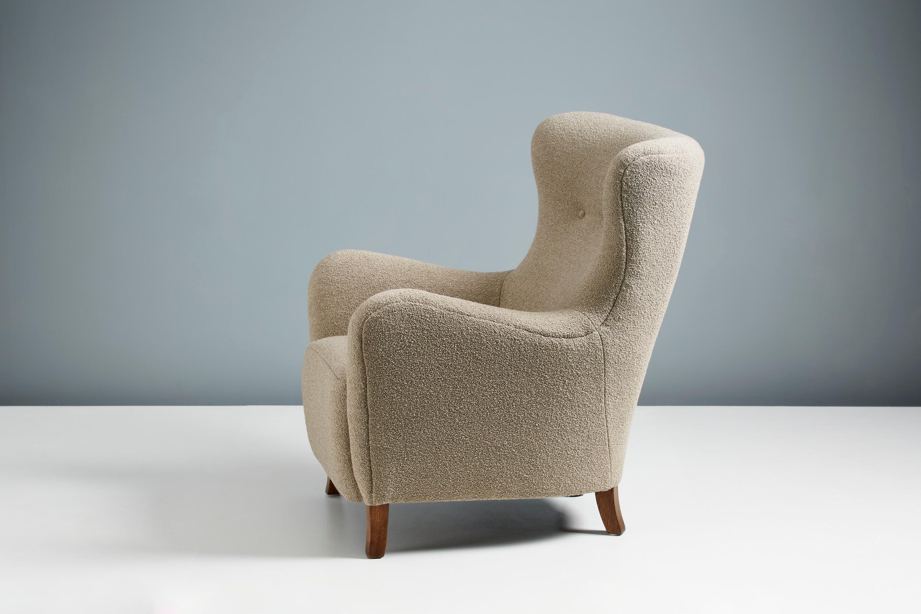 British Custom Made Boucle Sampo Wing Chair For Sale