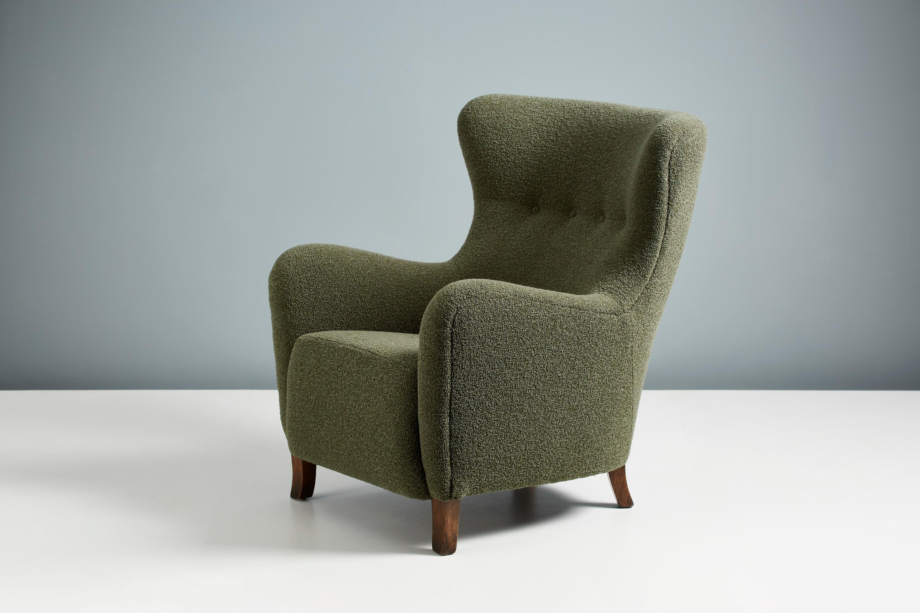 Oak Custom Made Boucle Sampo Wing Chair For Sale