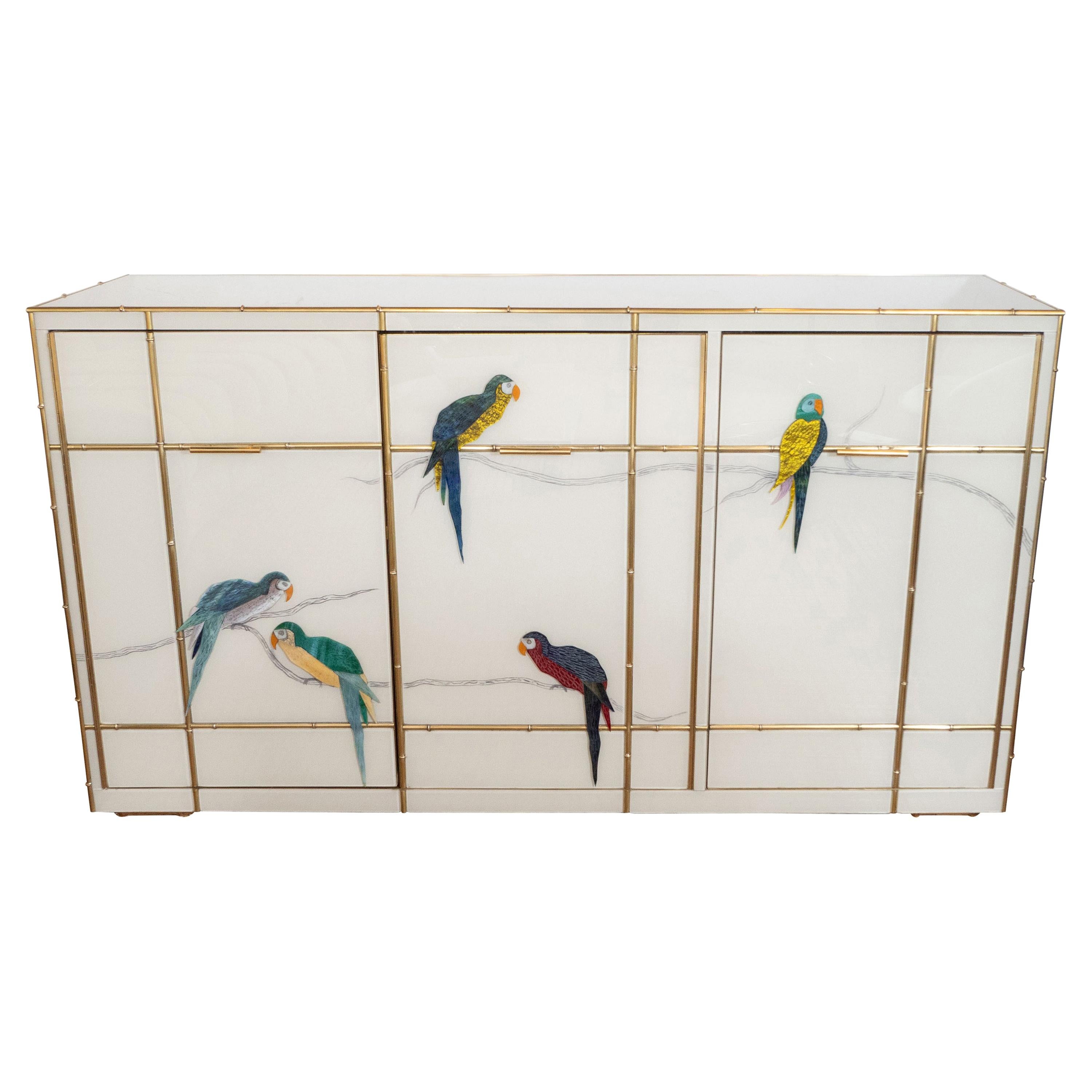 Custom Made Brass Bamboo Inlay and Ivory Murano Glass Parrot Sideboard, Italy