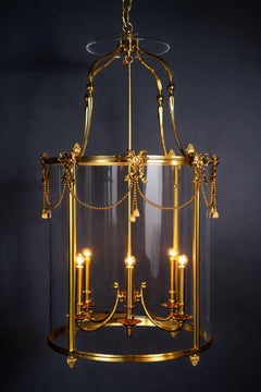 Custom Made Brass Lantern Chandelier Circular Glass Pendant Light 6 Light Fixtur