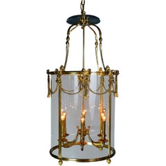Custom Made Brass Lantern Chandelier Circular Glass Pendant Light 6 Light Fixtur