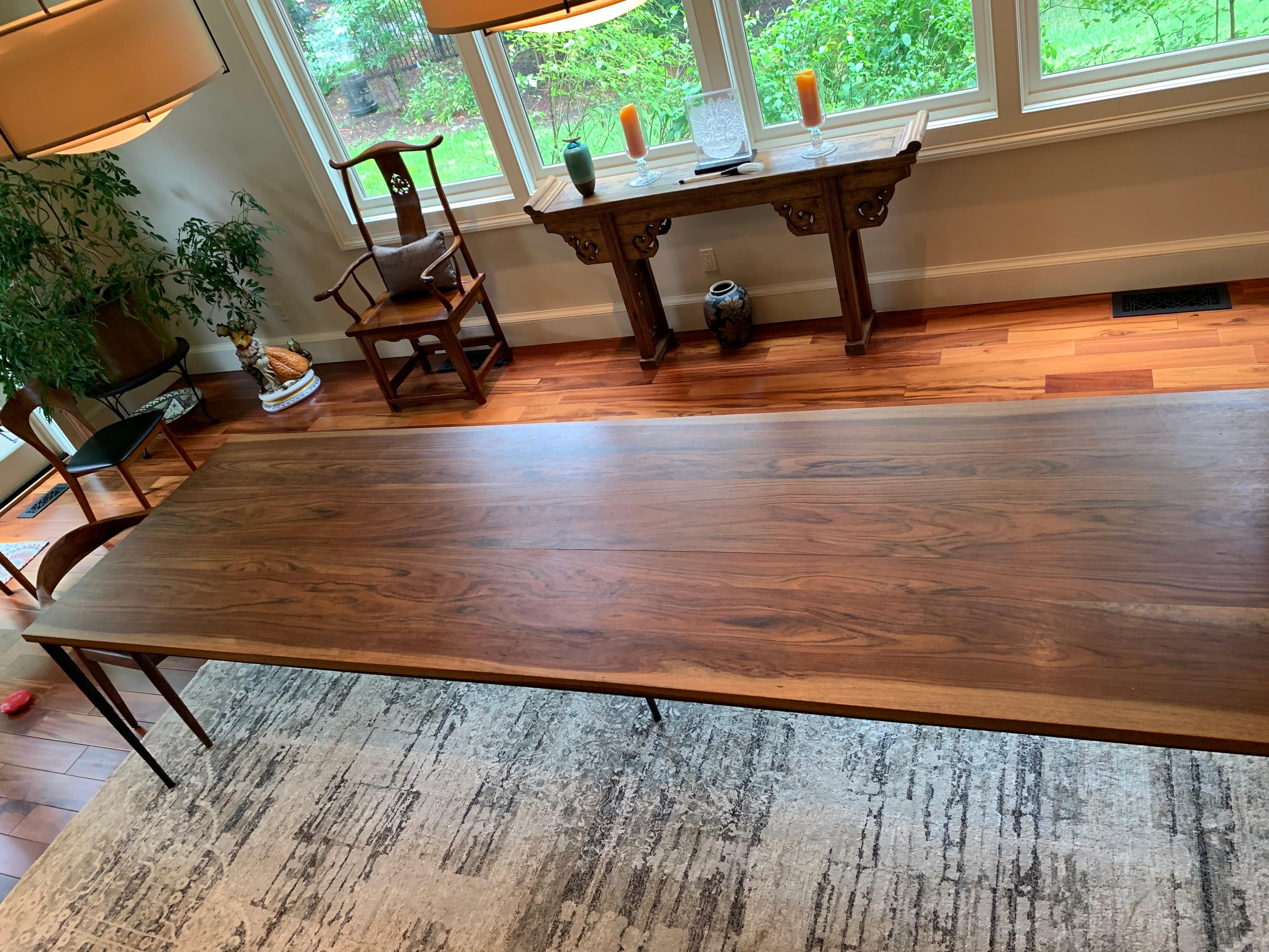 Custom-made Brazilian Walnut & Steel Hammered Leg Long Dining Table In Good Condition For Sale In Southampton, NY