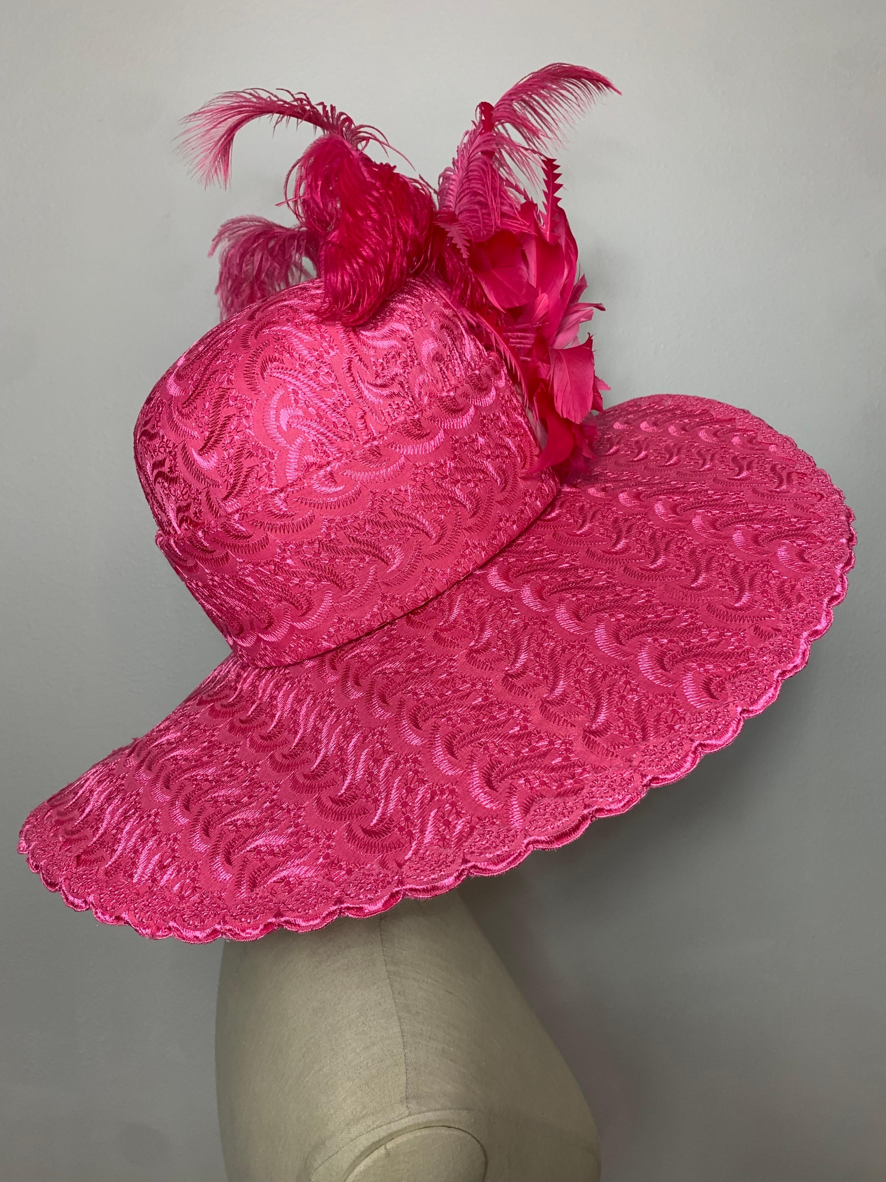 Custom-Made Brilliant Pink Embroidered Cotton Eyelet Wide-Brimmed Hat w Feathers For Sale 6