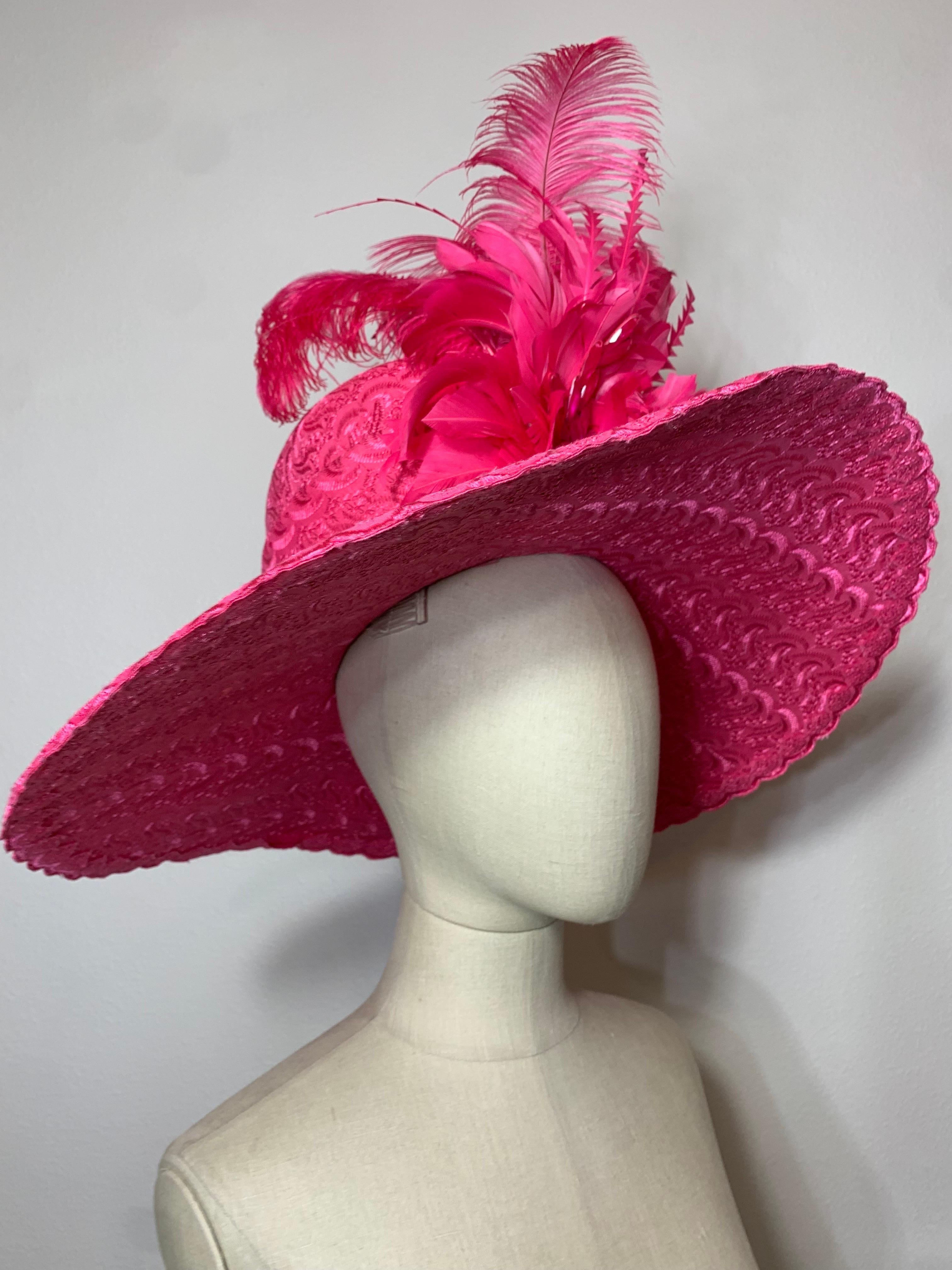 Custom-Made Brilliant Pink Embroidered Cotton Eyelet Wide-Brimmed Hat w Feathers For Sale 8